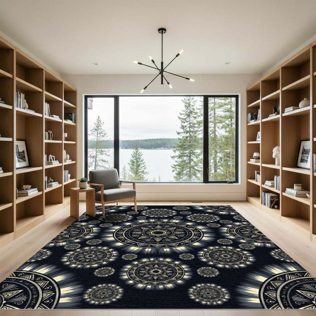 Celestial Monochrome Sunburst Mandala Rug