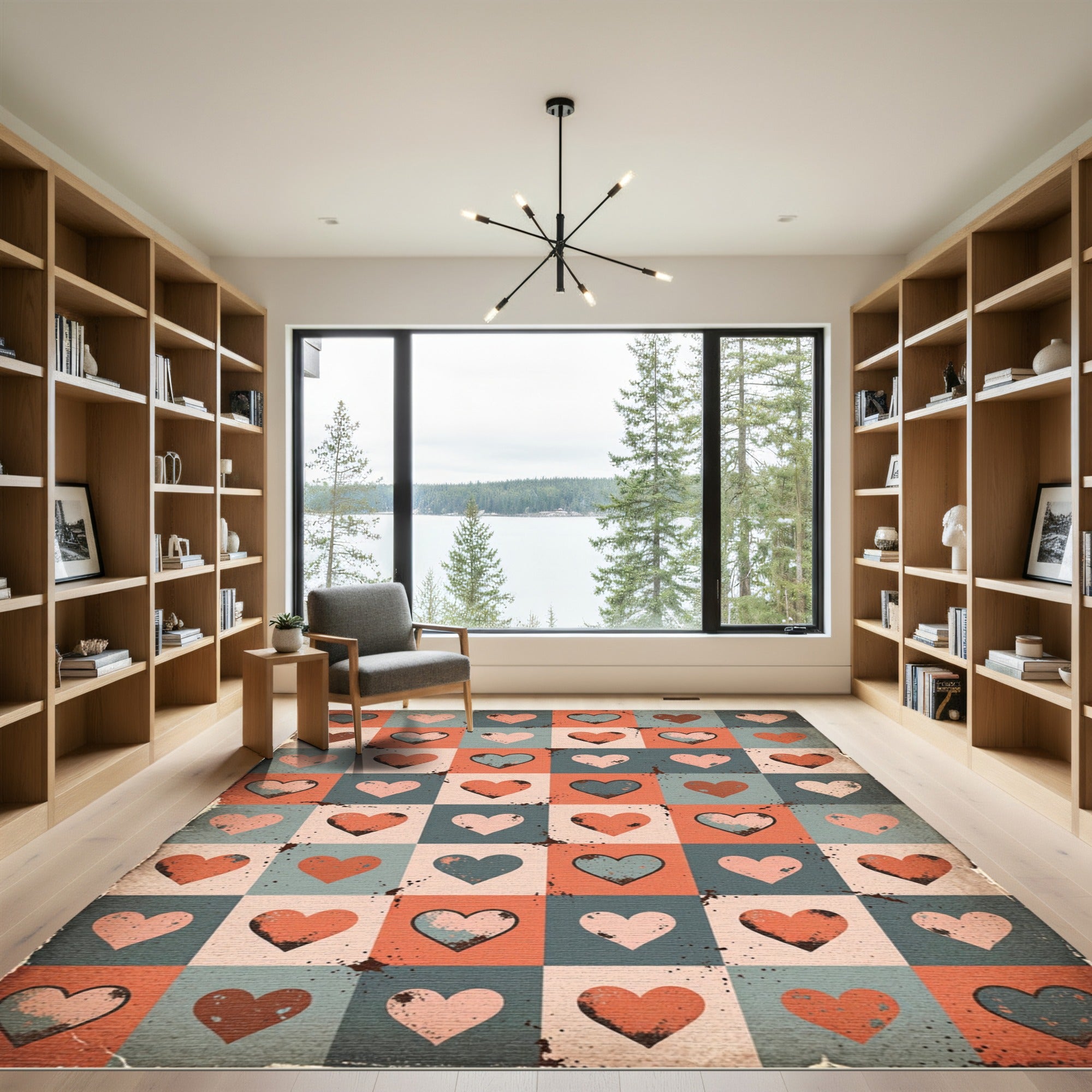 Distressed Retro Heart Grid Tile Rug