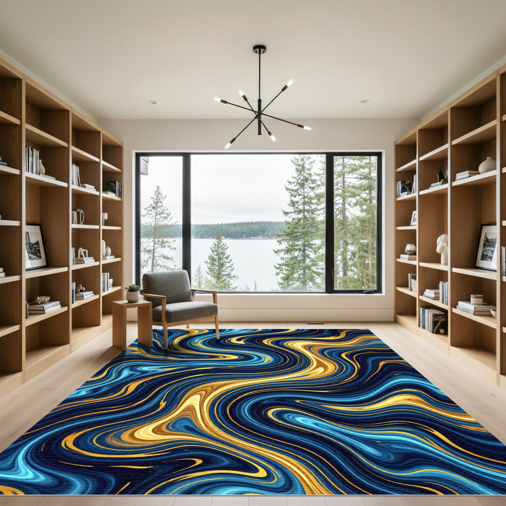 Abstract Navy and Gold Fluid Wave Rug