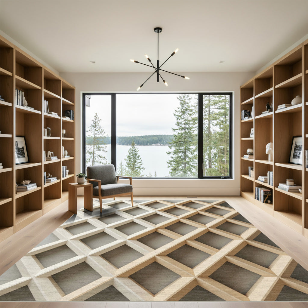 Neutral Cream Geometric Lattice Grid Rug