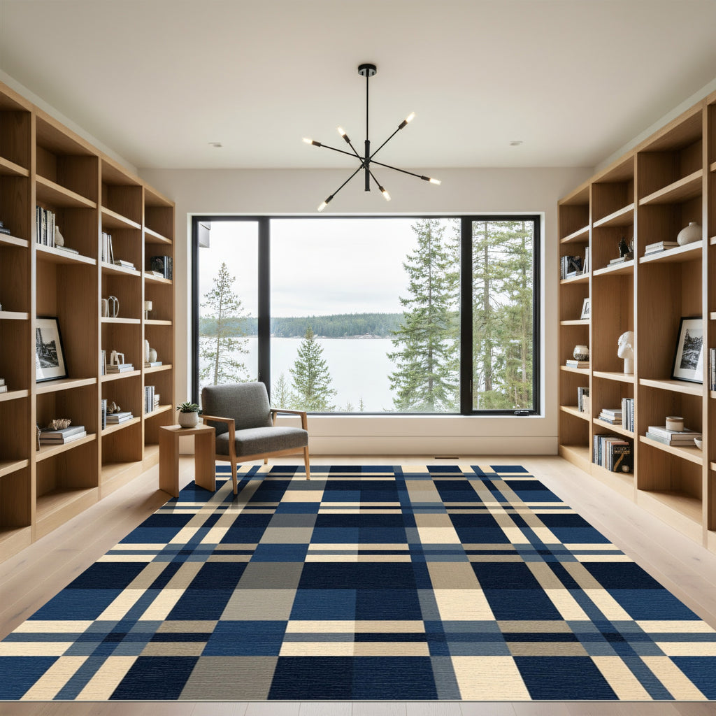 Modern Navy and Cream Plaid Grid Rug