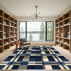 Modern Navy and Cream Plaid Grid Rug