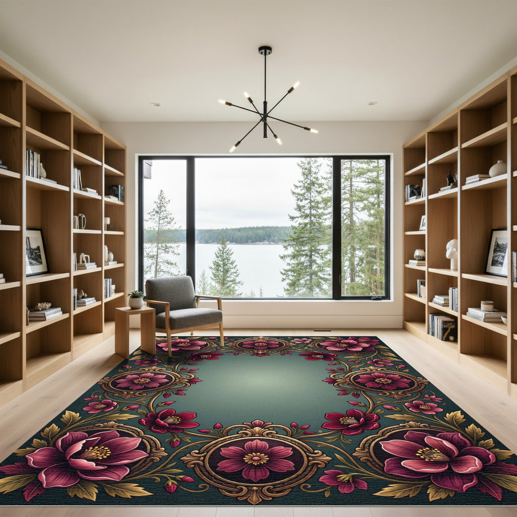 Elegant Burgundy Floral Ornate Frame Rug