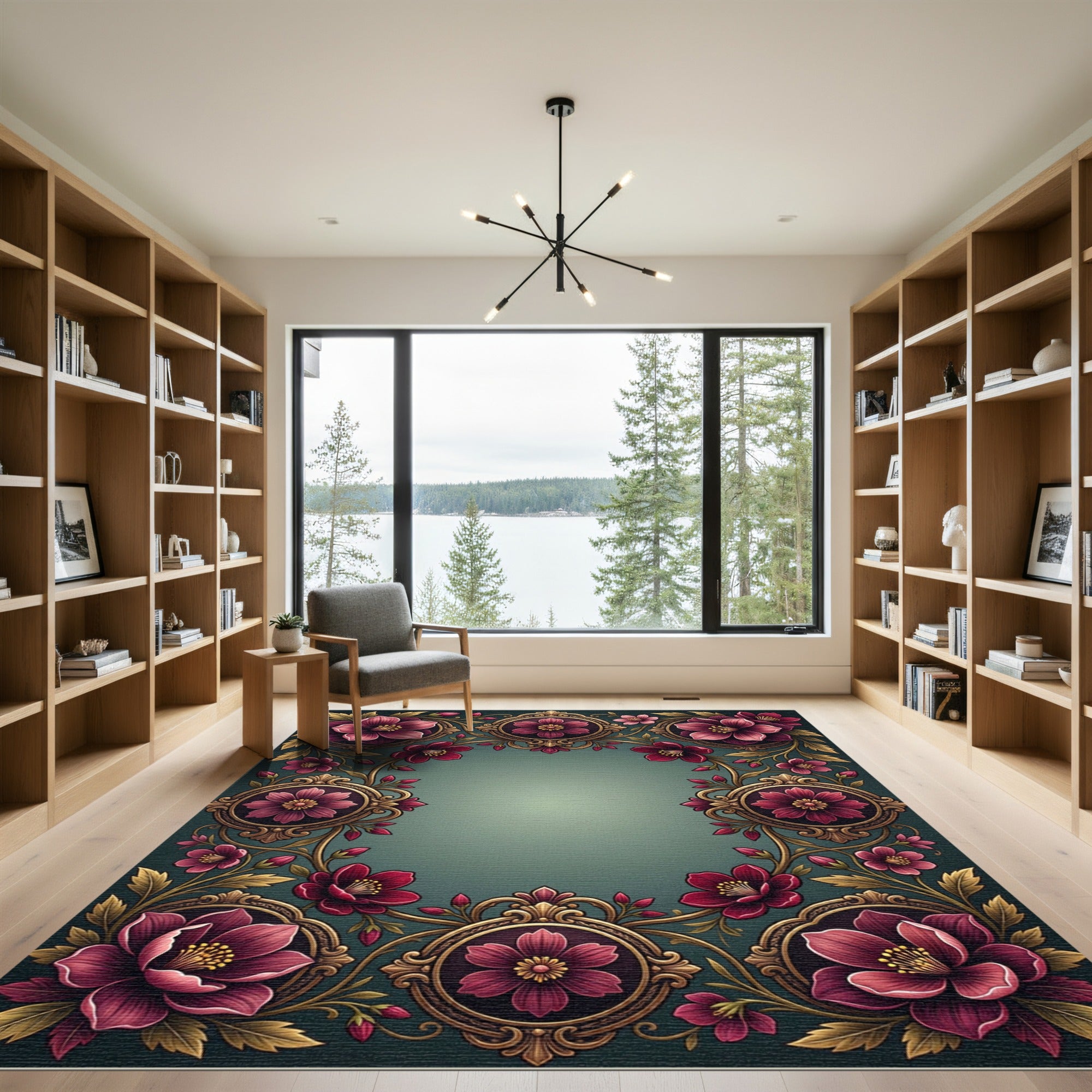 Elegant Burgundy Floral Ornate Frame Rug