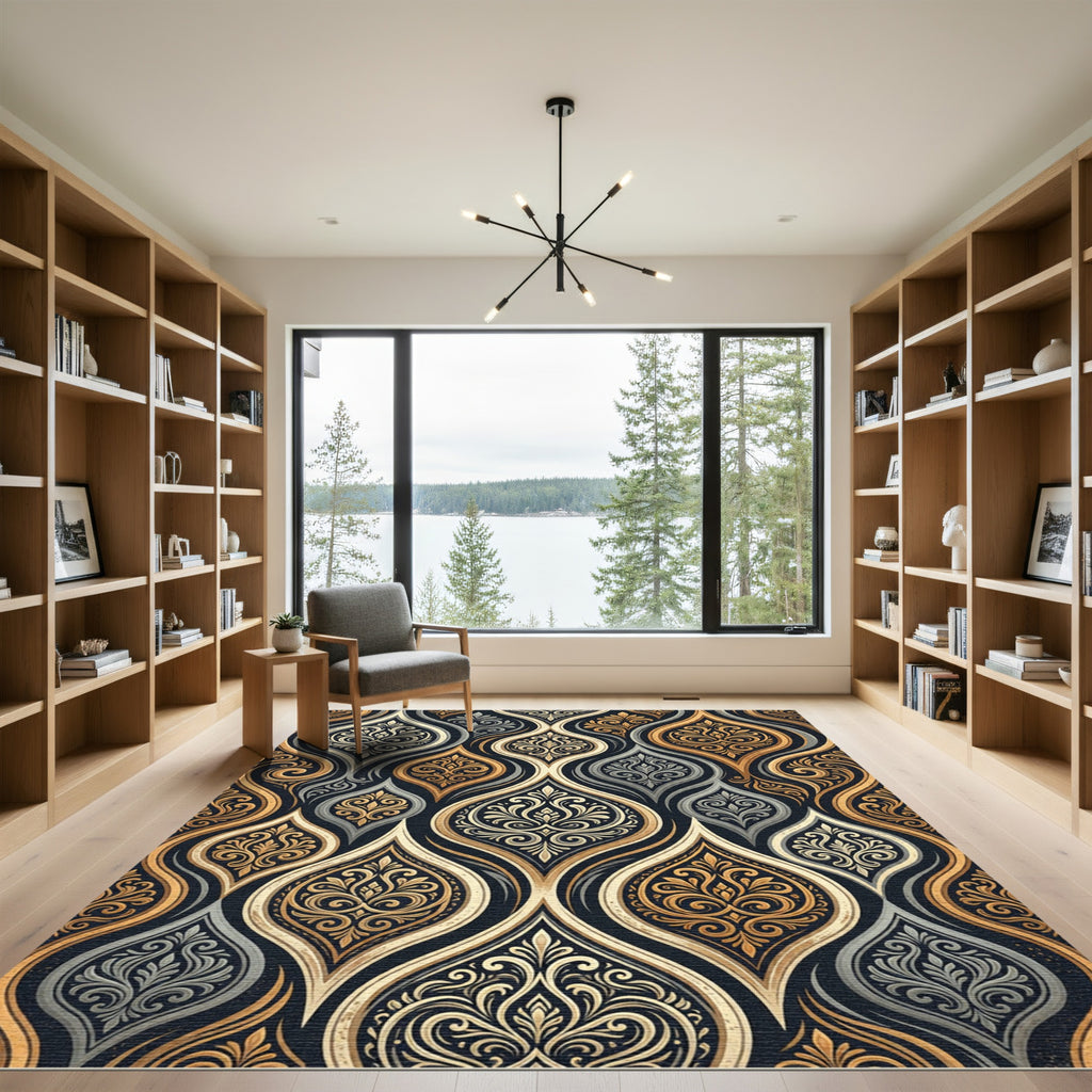 Elegant Gold and Charcoal Filigree Damask Rug
