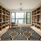 Elegant Gold and Charcoal Filigree Damask Rug