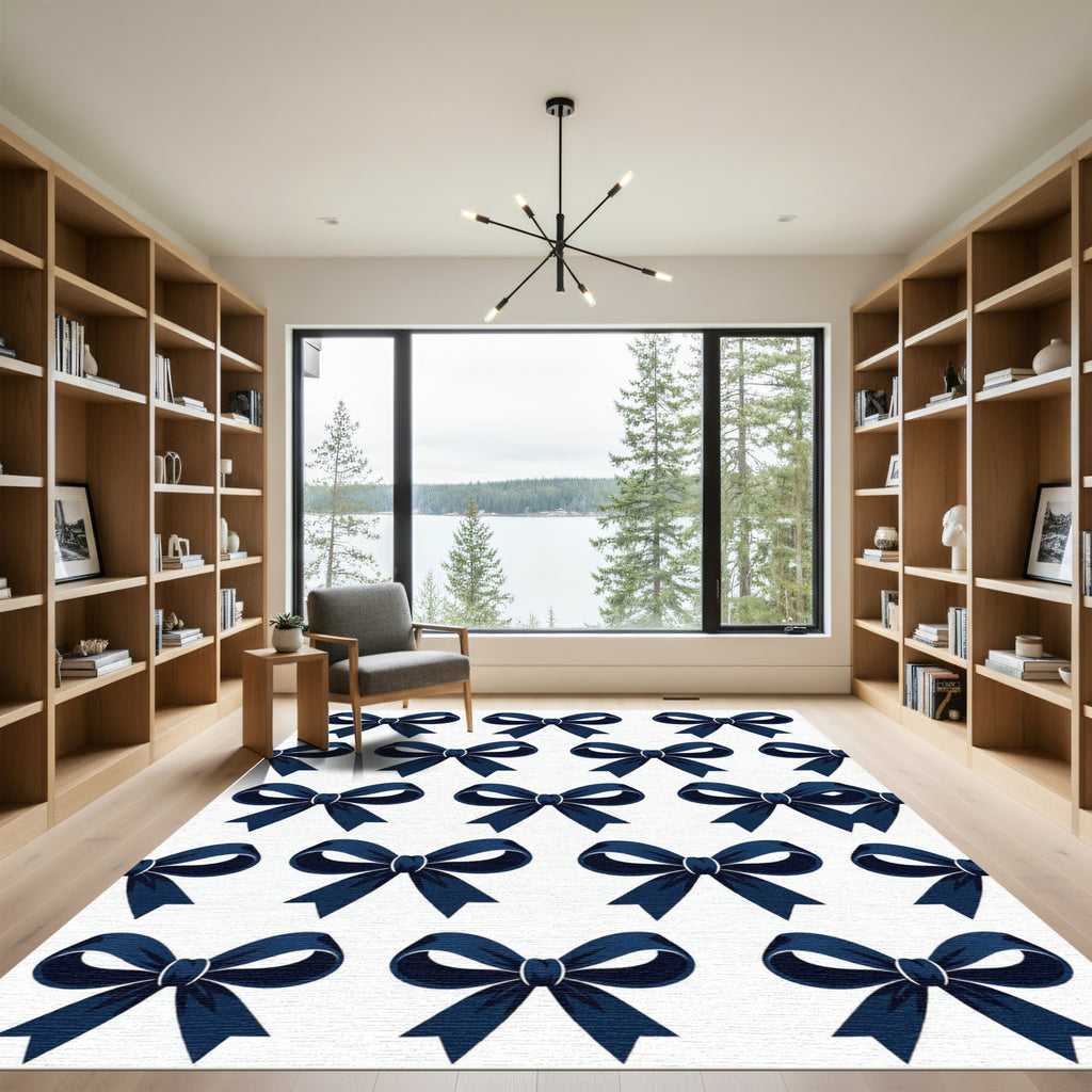 Elegant Navy Blue Bow Ribbon Accent Rug