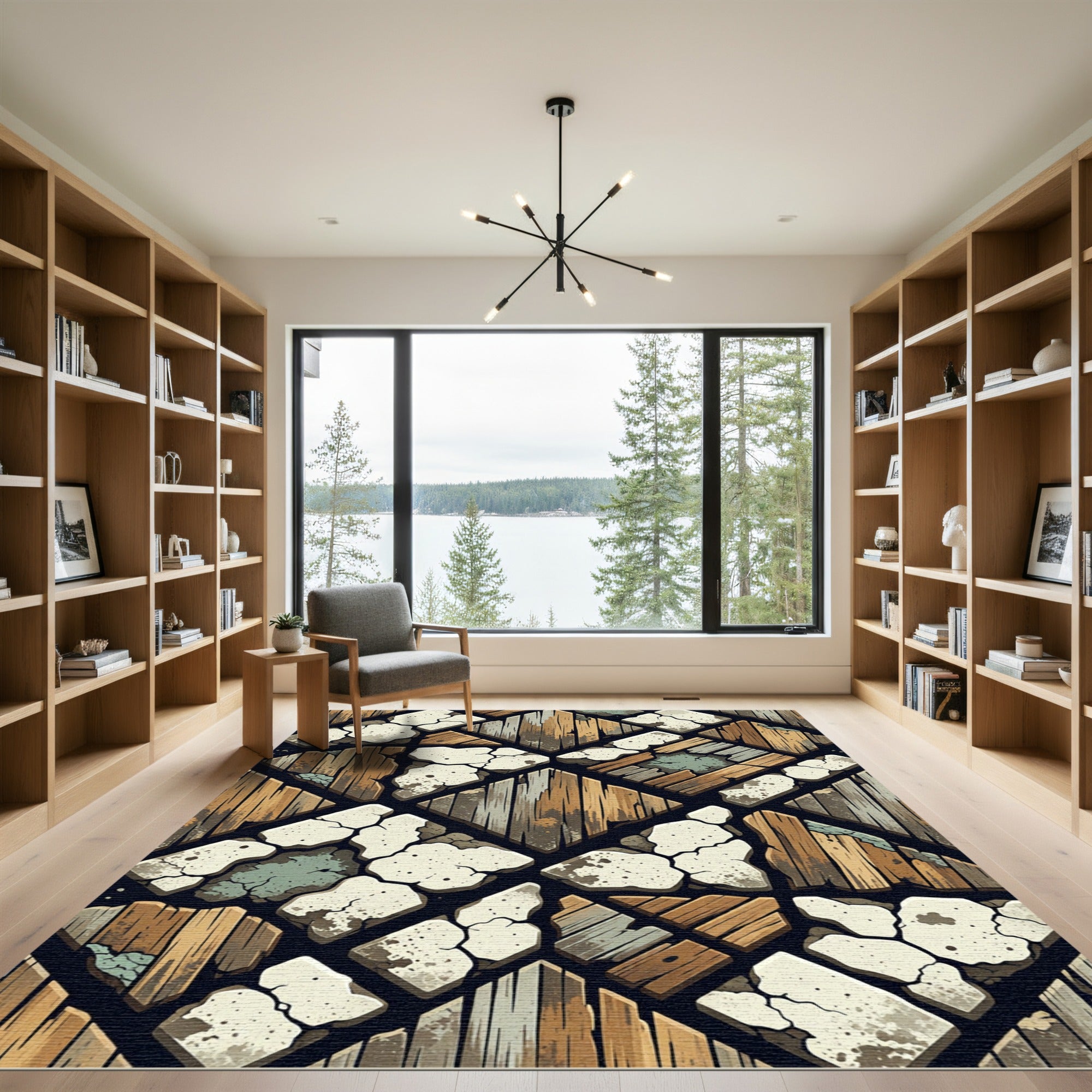 Rustic Wood And Stone Mosaic Rug