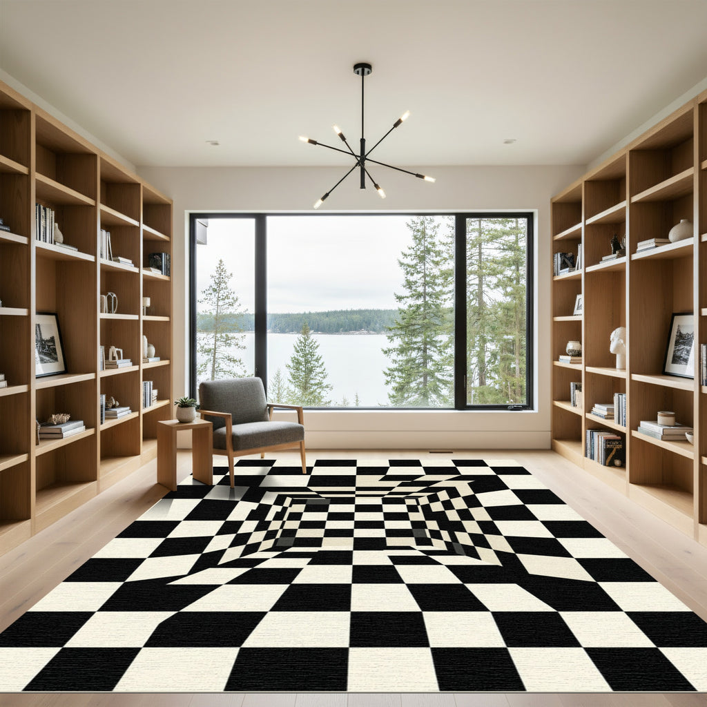 Black White Optical Illusion Checkerboard Room Rug