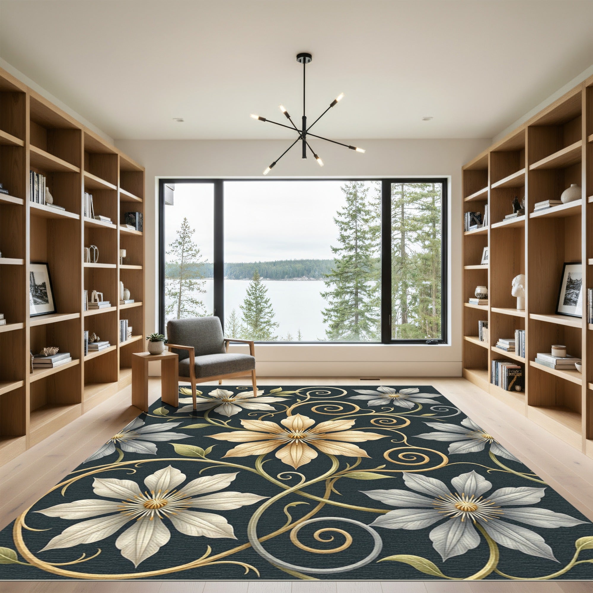Cream And Gold Floral Vine Rug