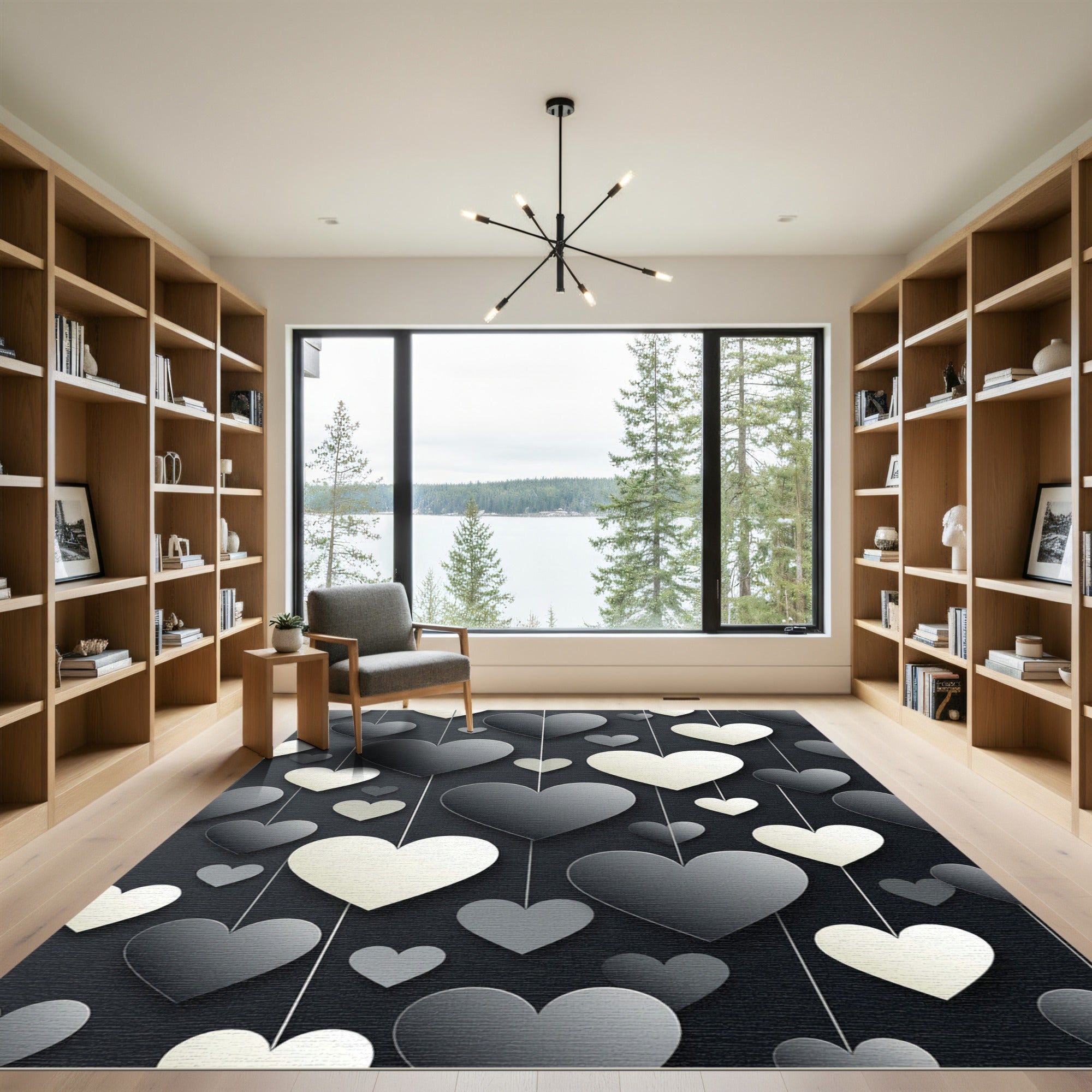 Modern Monochrome Hanging Heart Composition Rug