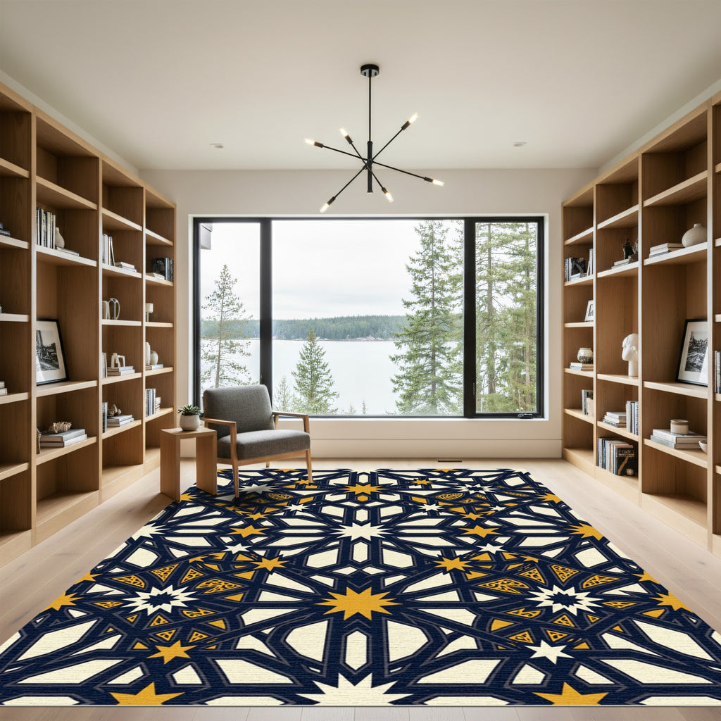Geometric Golden Navy Star Tile Rug