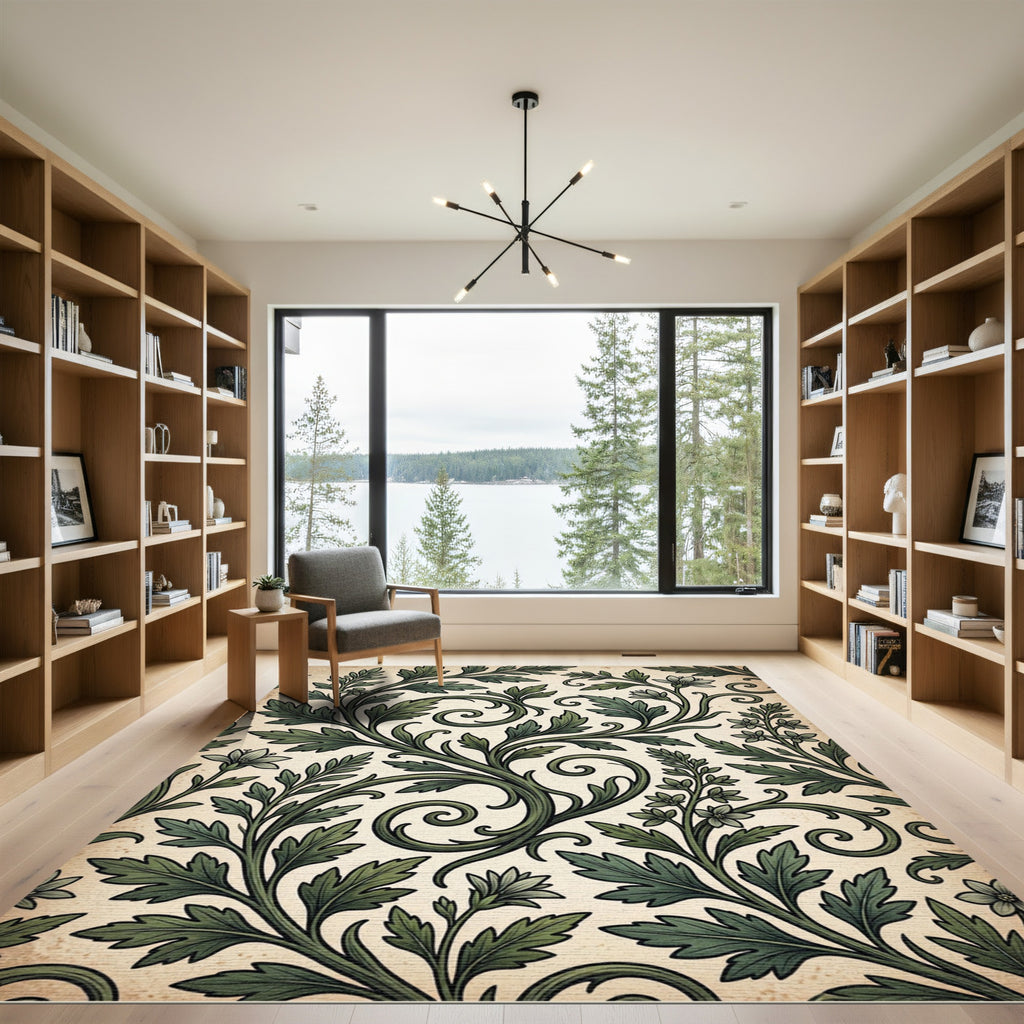 Verdant Green Foliage Scroll Art Rug