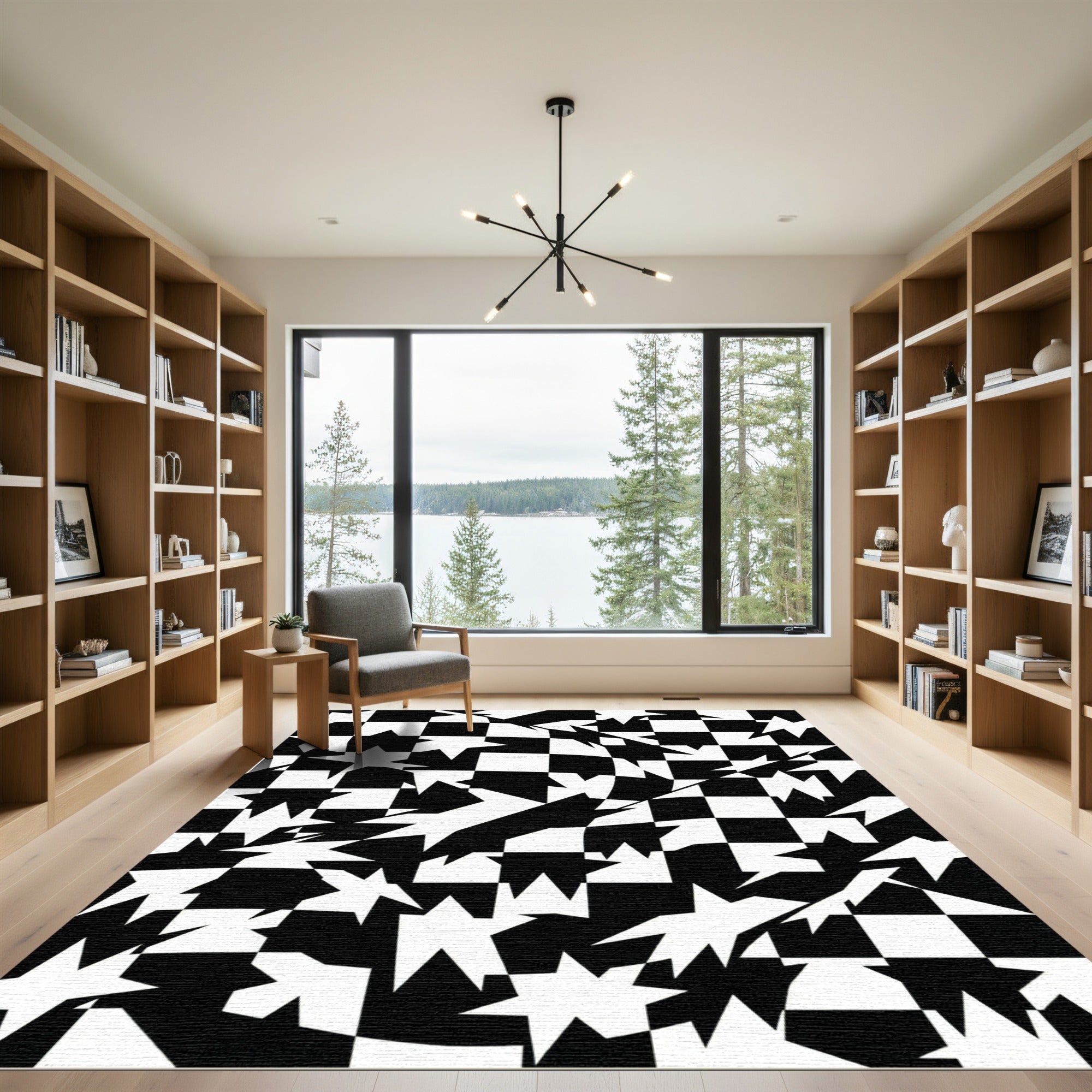 Abstract Monochrome Distorted Checkerboard Star Rug