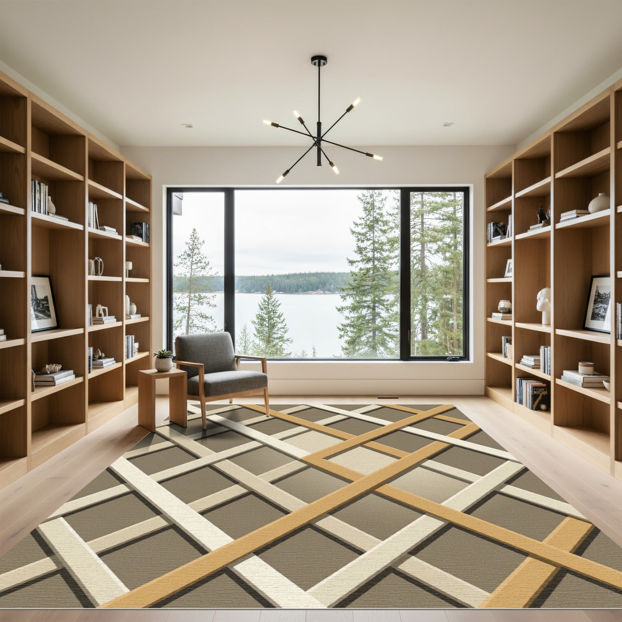 Neutral Interlocking Lattice Geometric Area Rug