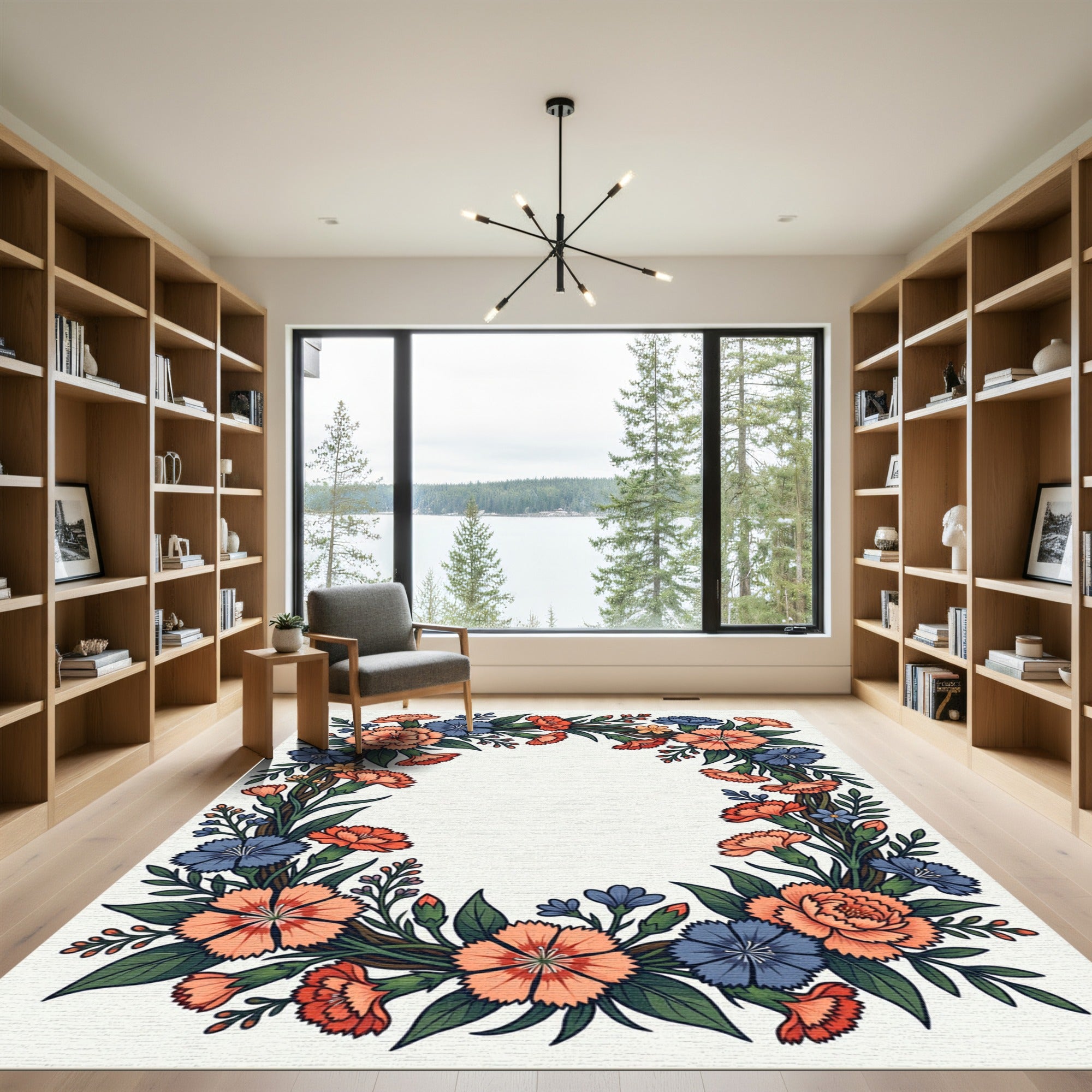 Coral And Blue Floral Garland Frame Rug