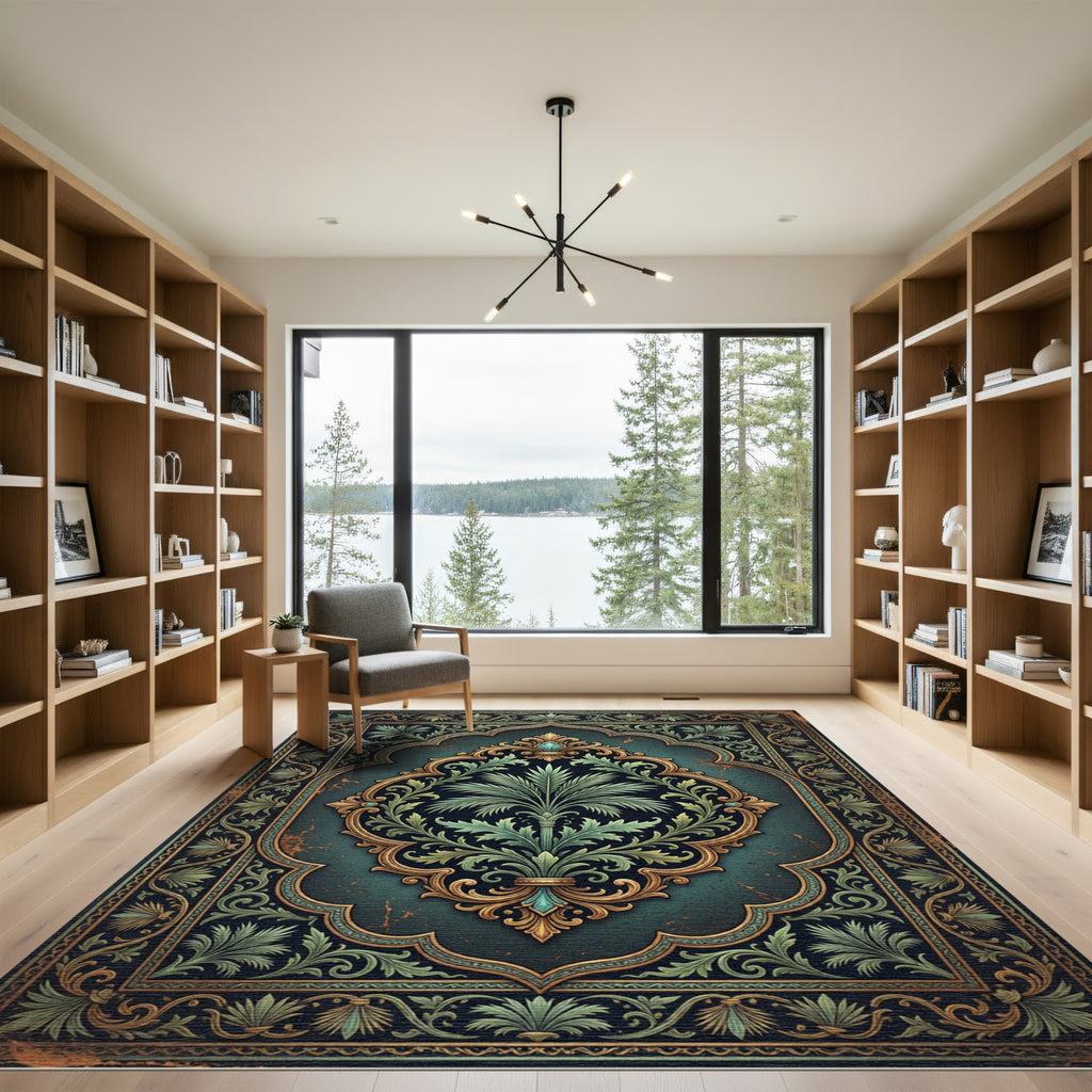 Ornate Emerald Palm Medallion Foliage Rug