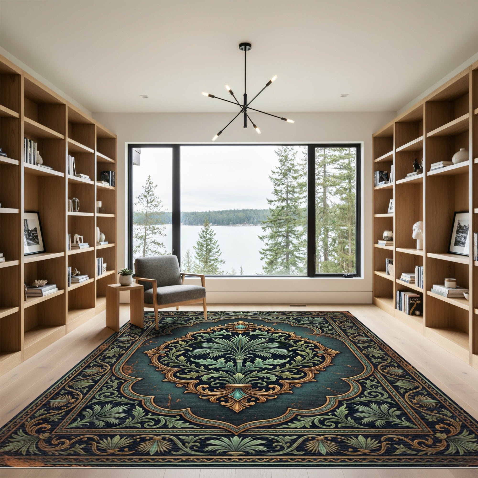 Ornate Emerald Palm Medallion Foliage Rug