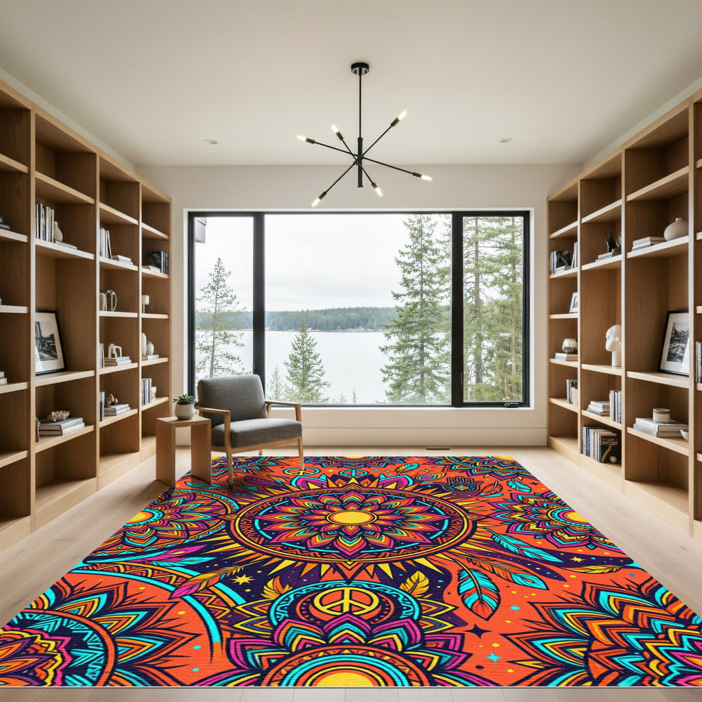 Vibrant Orange Sun Mandala Feathers Rug