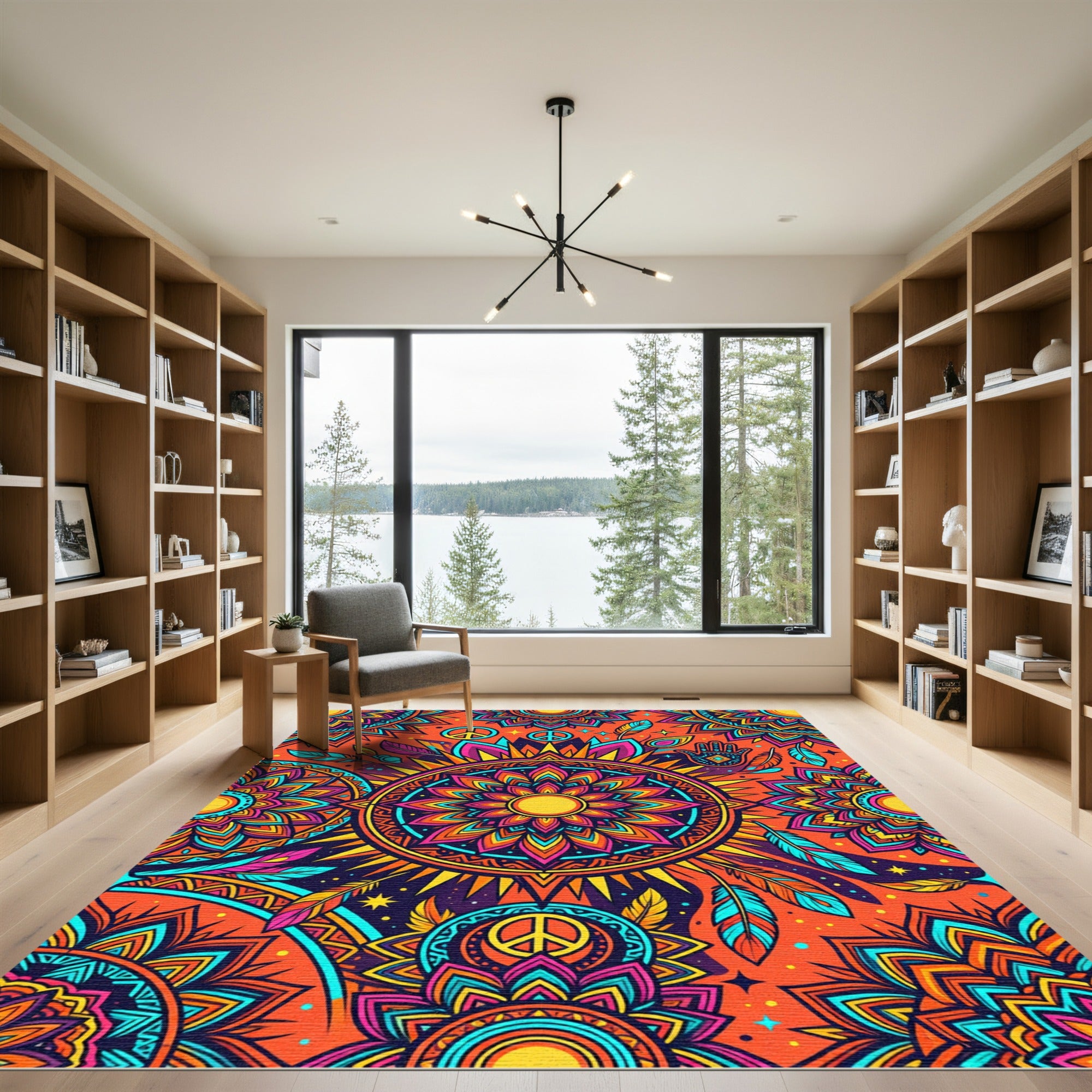 Vibrant Orange Sun Mandala Feathers Rug