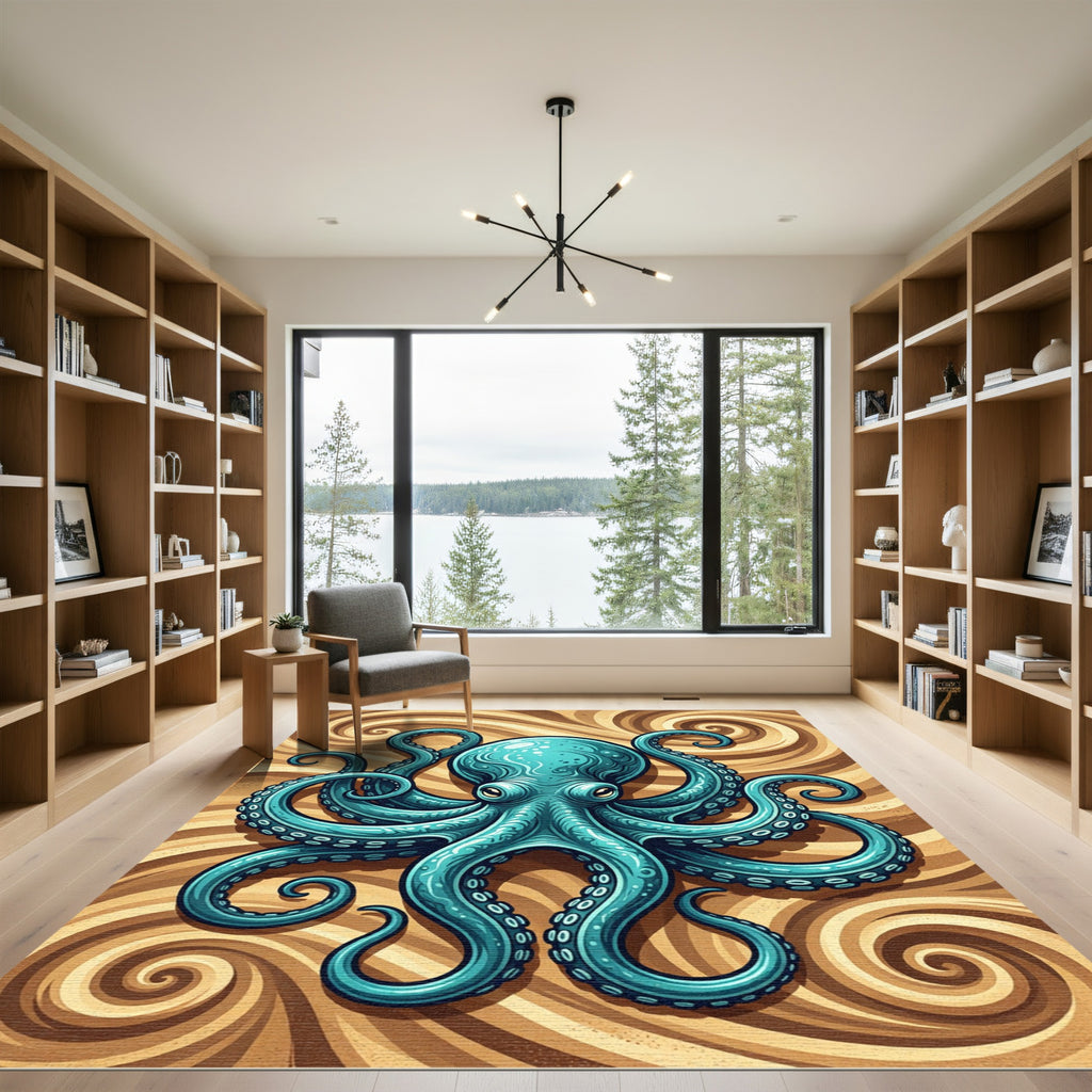 Teal Octopus with Swirling Sand Texture Rug