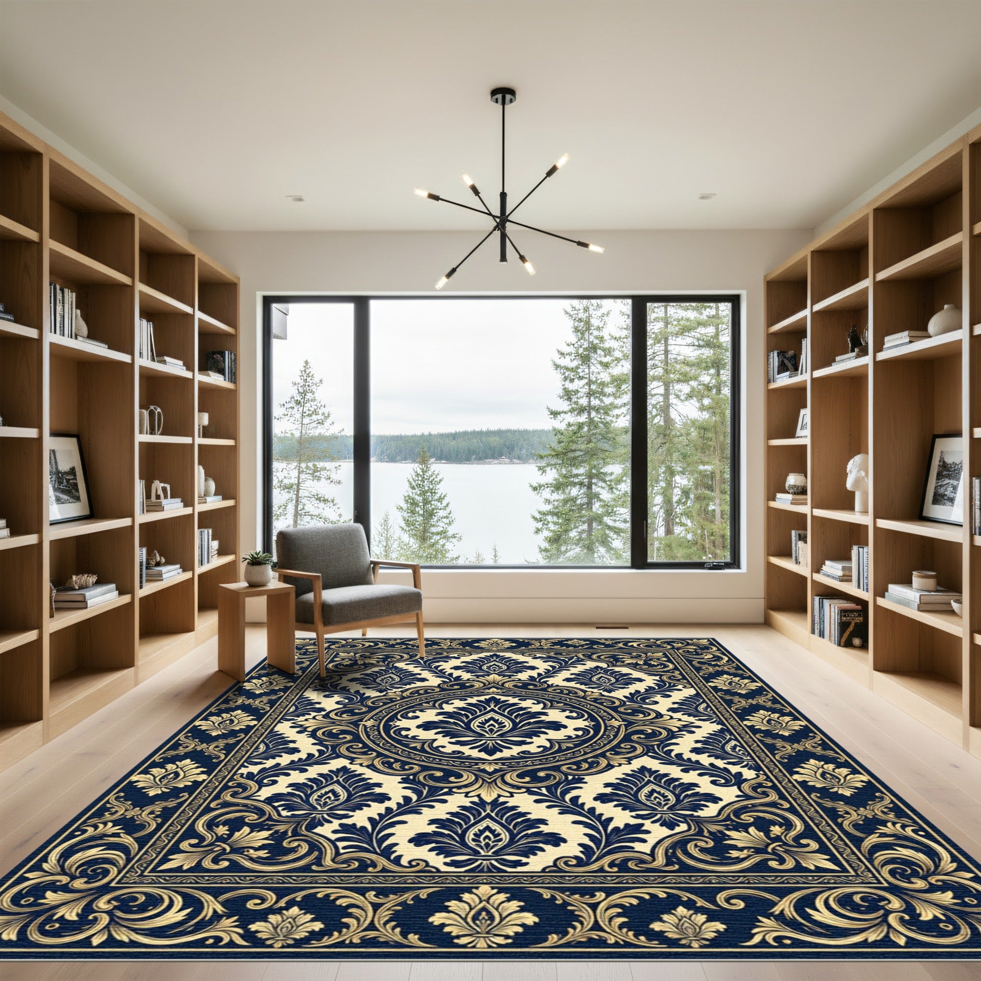 Elegant Navy Gold Damask Floral Medallion Rug