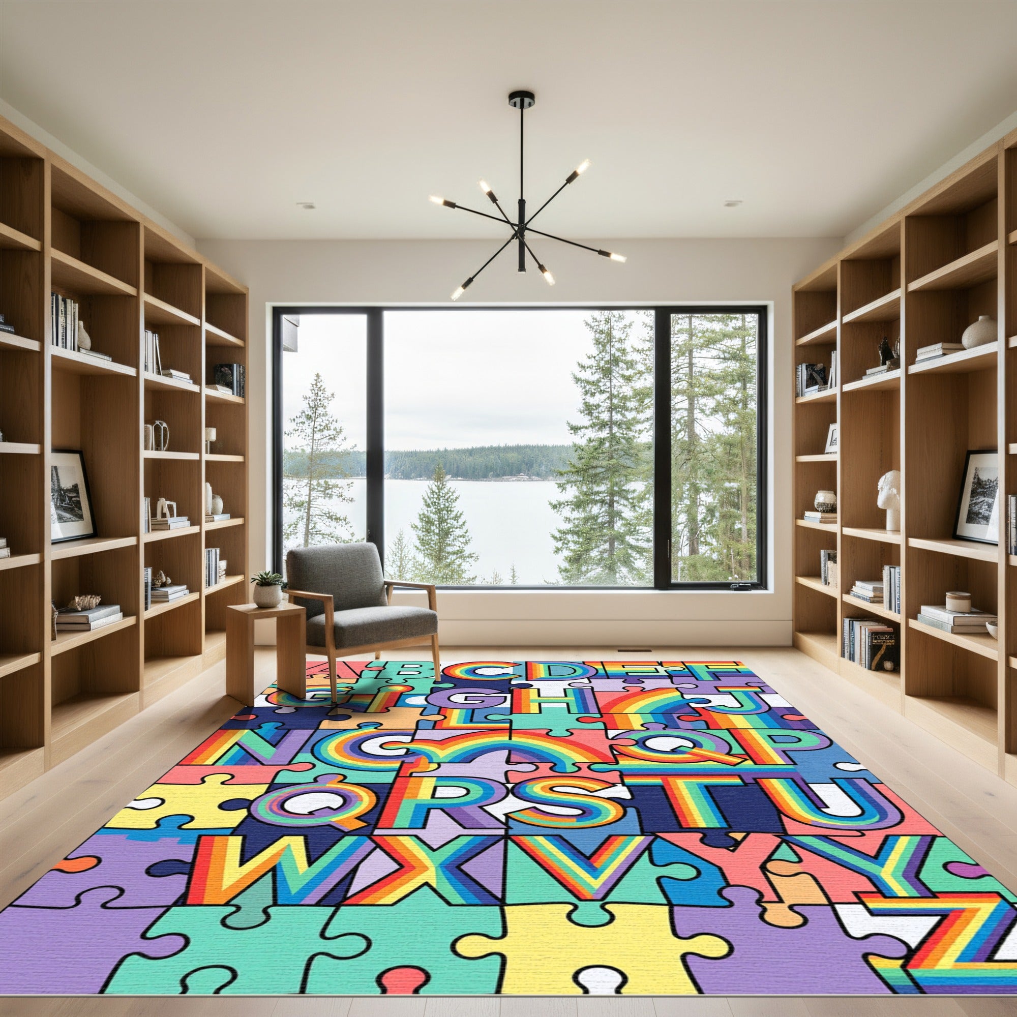 Vibrant Rainbow Alphabet Jigsaw Puzzle Mosaic Rug