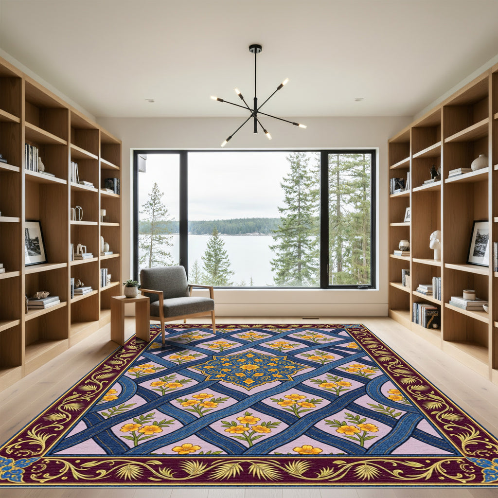 Blue Lattice Floral Yellow Blossom Medallion Rug