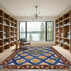 Blue Lattice Floral Yellow Blossom Medallion Rug