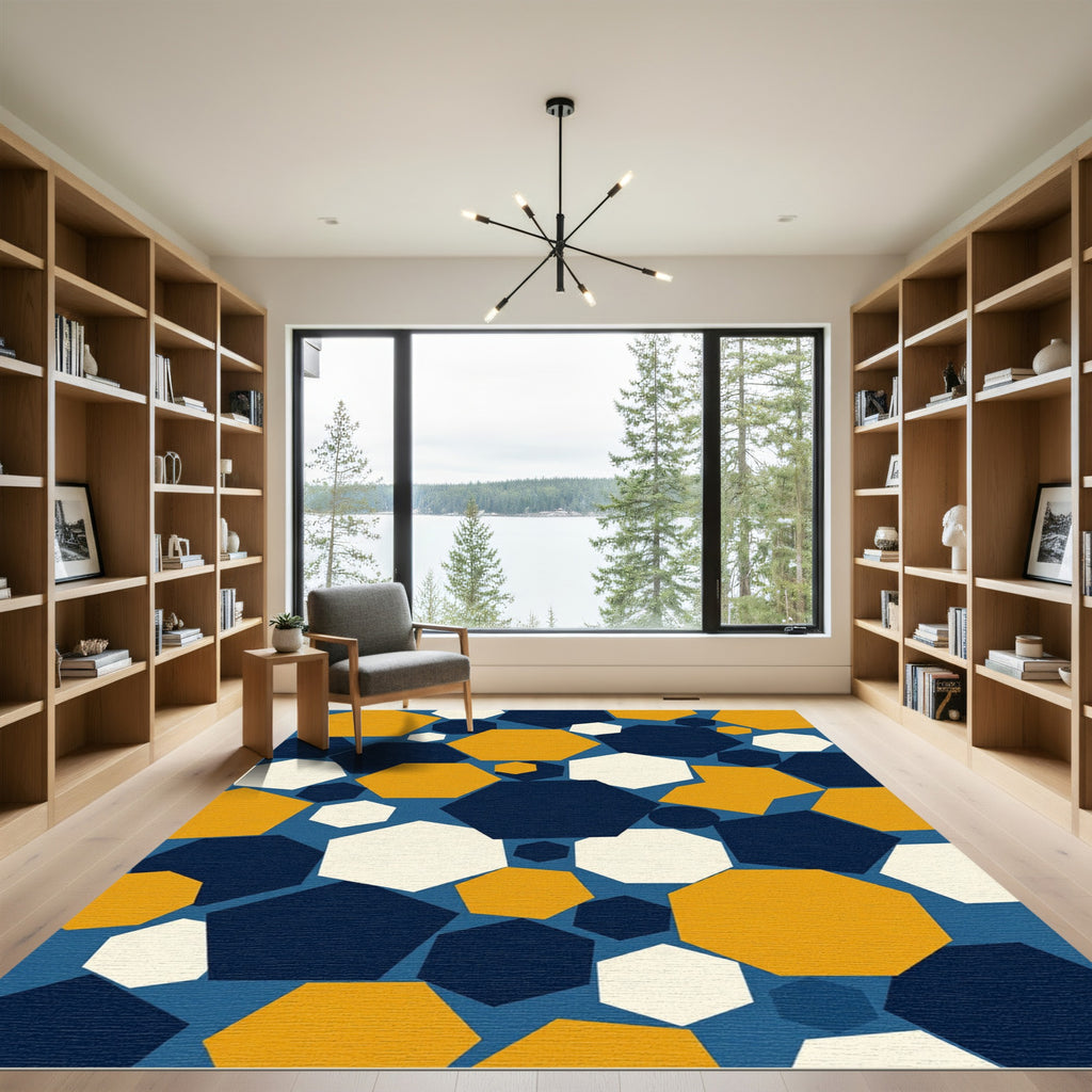 Modern Navy Gold Geometric Hexagon Rug
