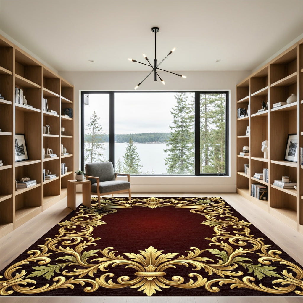 Ornate Gold Scroll Ribbon Damask Rug