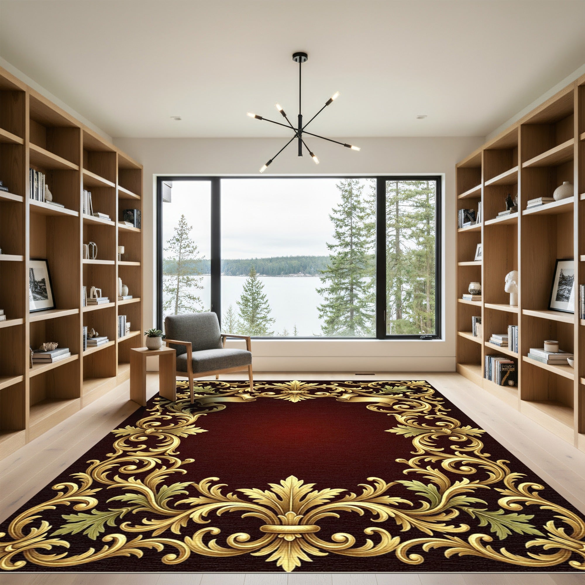 Ornate Gold Scroll Ribbon Damask Rug