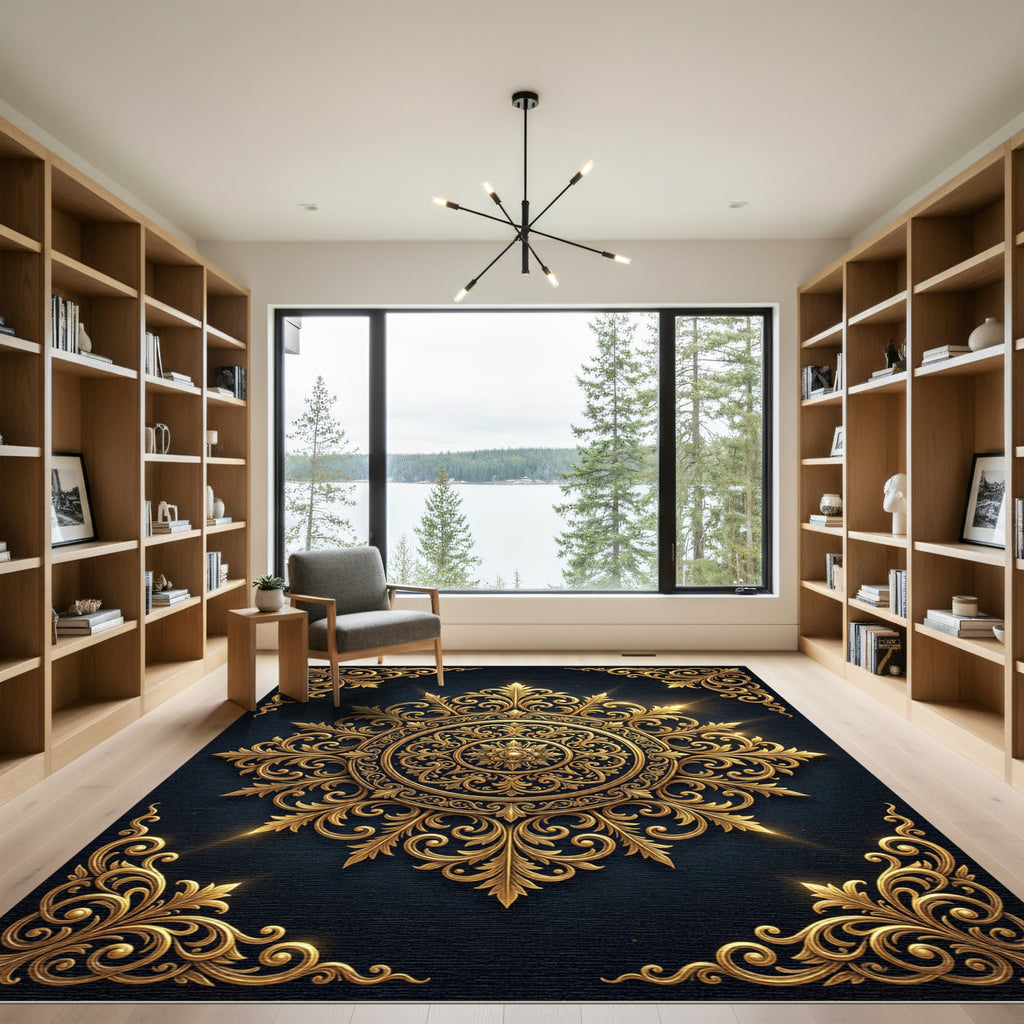 Luminous Gold Ornate Filigree Medallion Rug