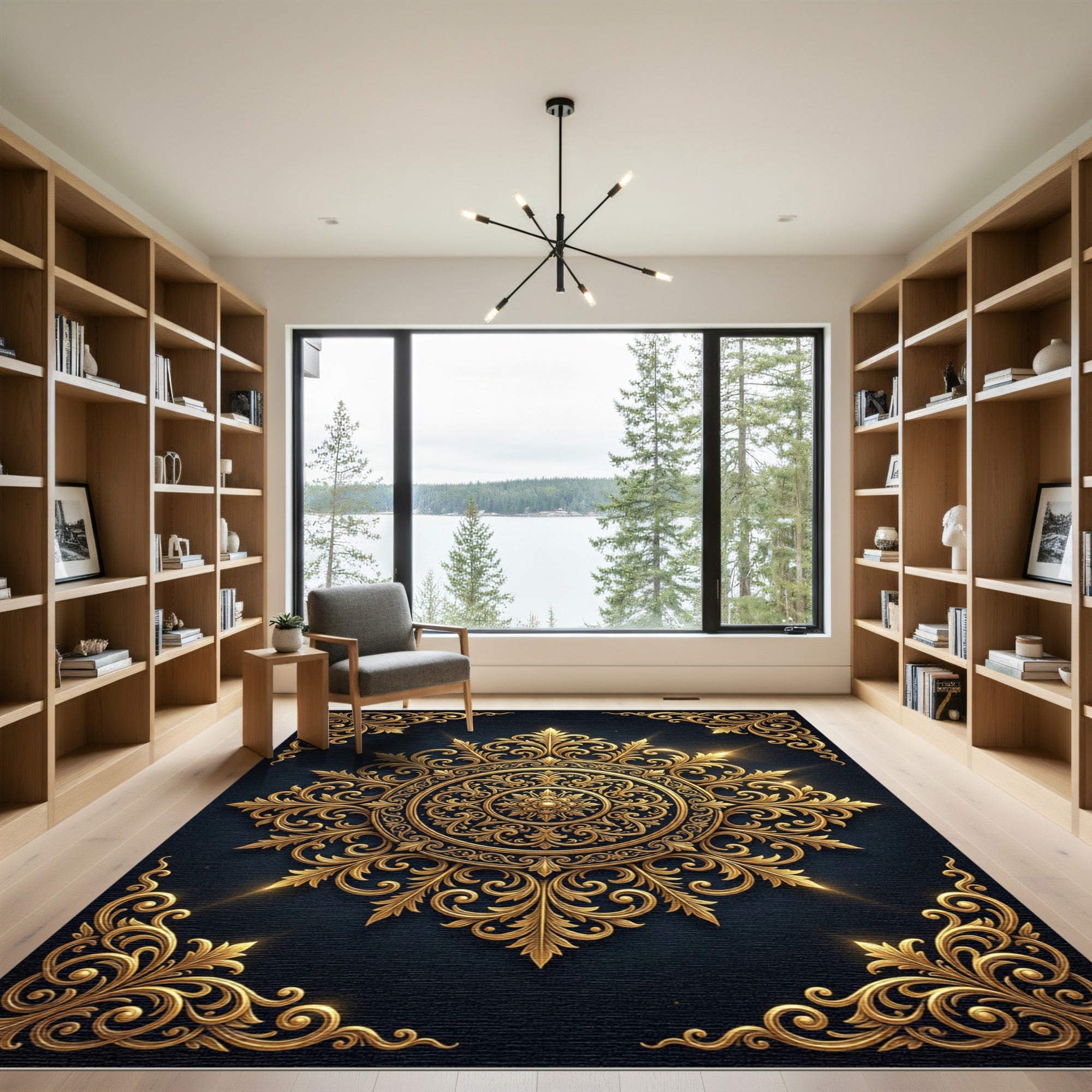 Luminous Gold Ornate Filigree Medallion Rug