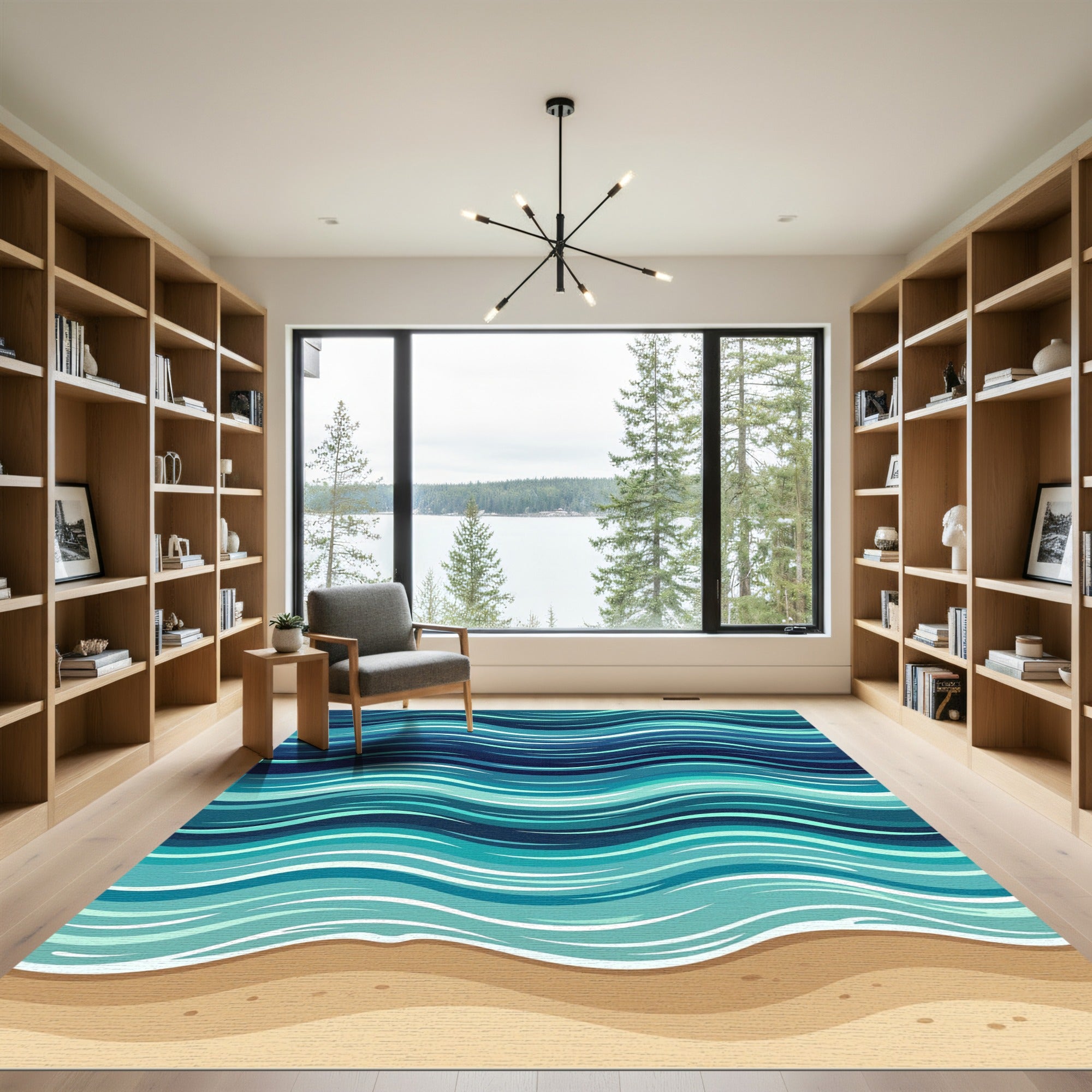Abstract Oceanic Blue Wave Sandy Shore Rug