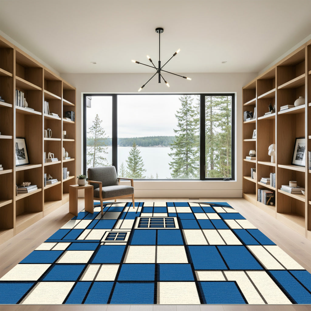 Blue Ivory Geometric Window Grid Rug