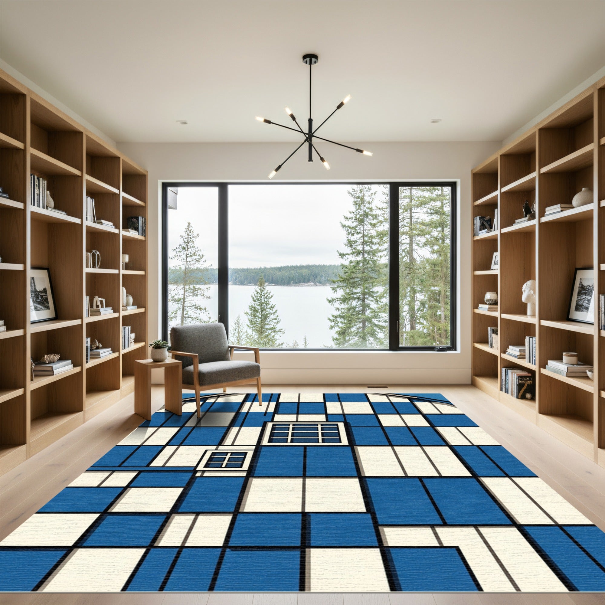 Blue Ivory Geometric Window Grid Rug