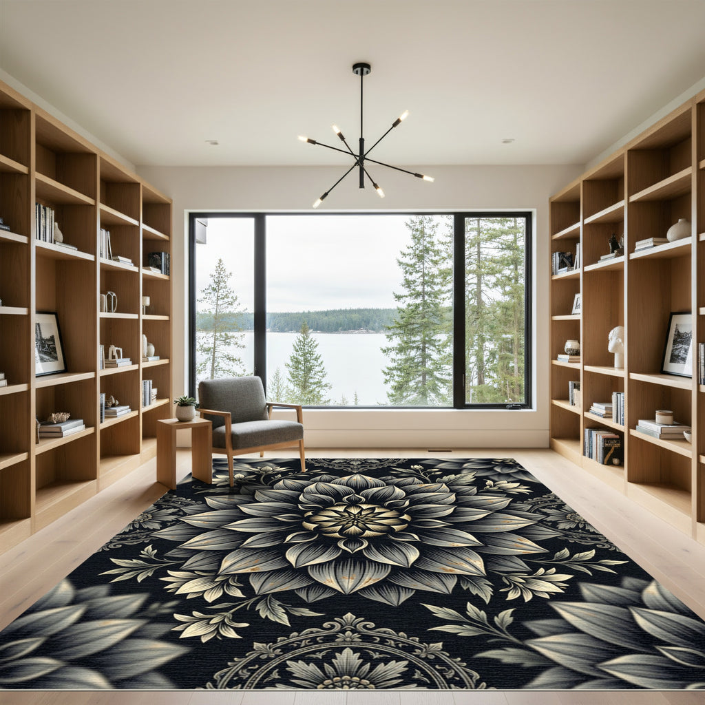Monochromatic Floral Mandala Art Rug