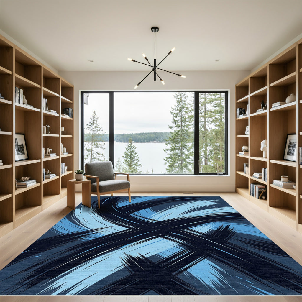 Abstract Navy and Sky Blue Swirl Rug