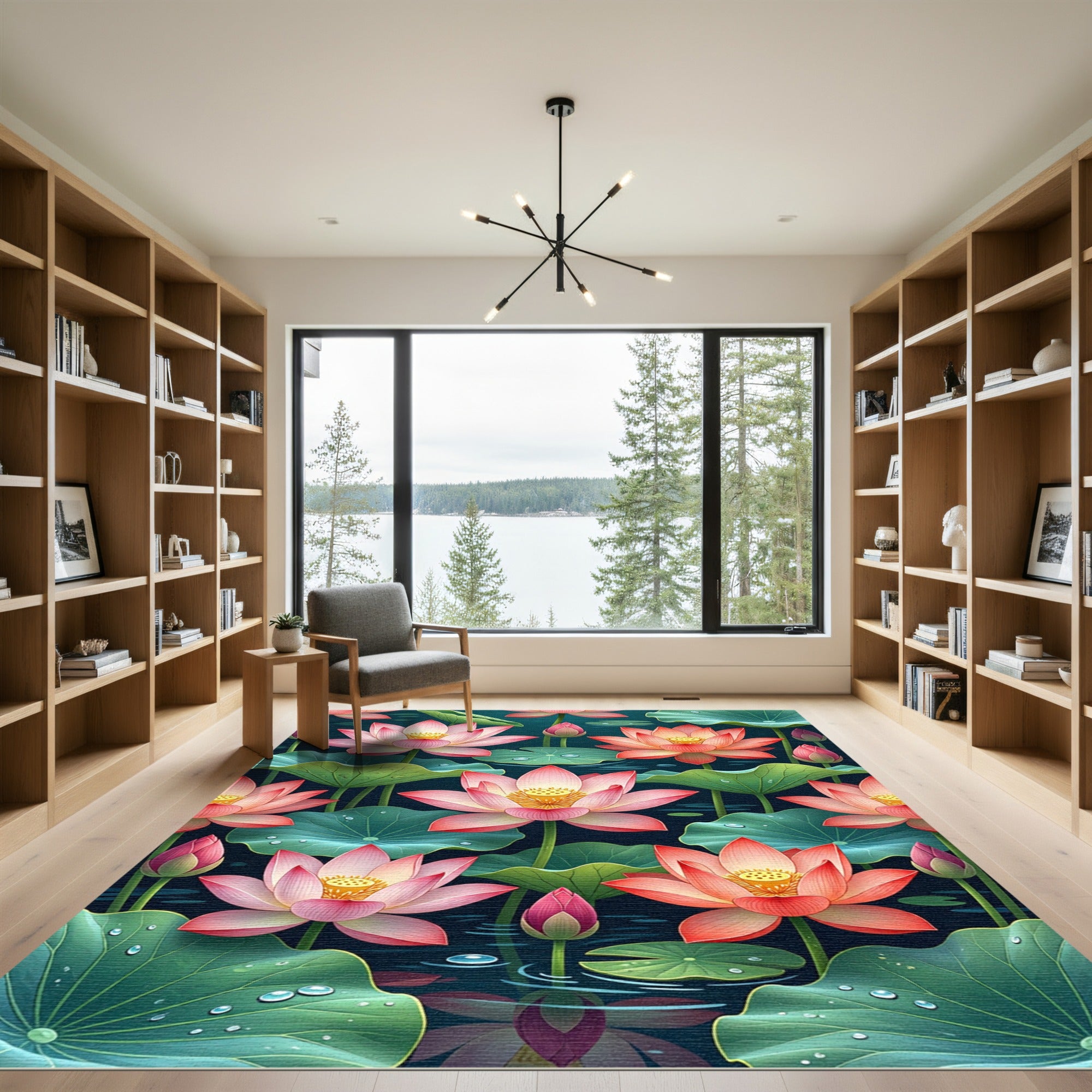 Ethereal Pink Lotus Teal Pond Flora Rug