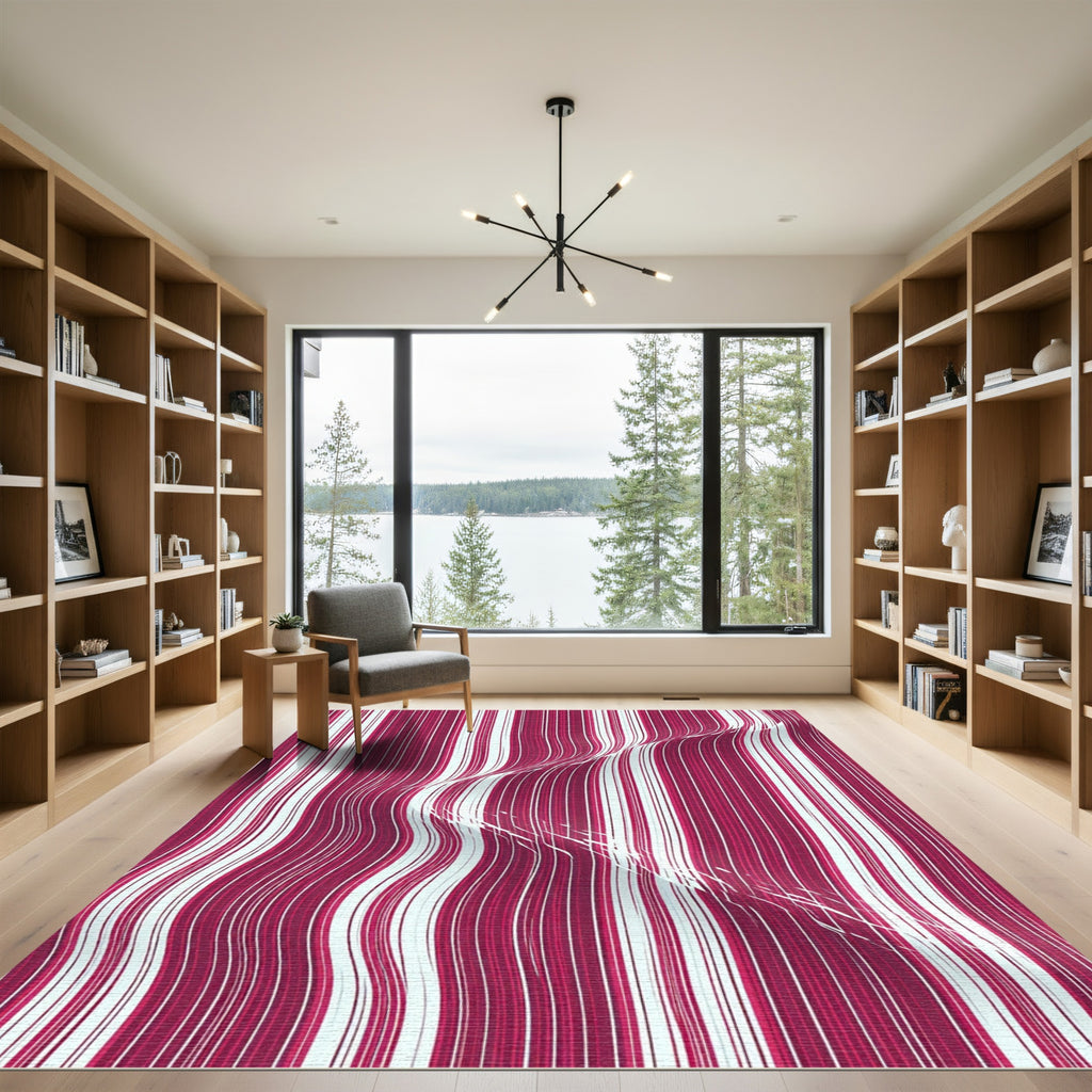 Deep Crimson Vertical Wavy Stripe Rug
