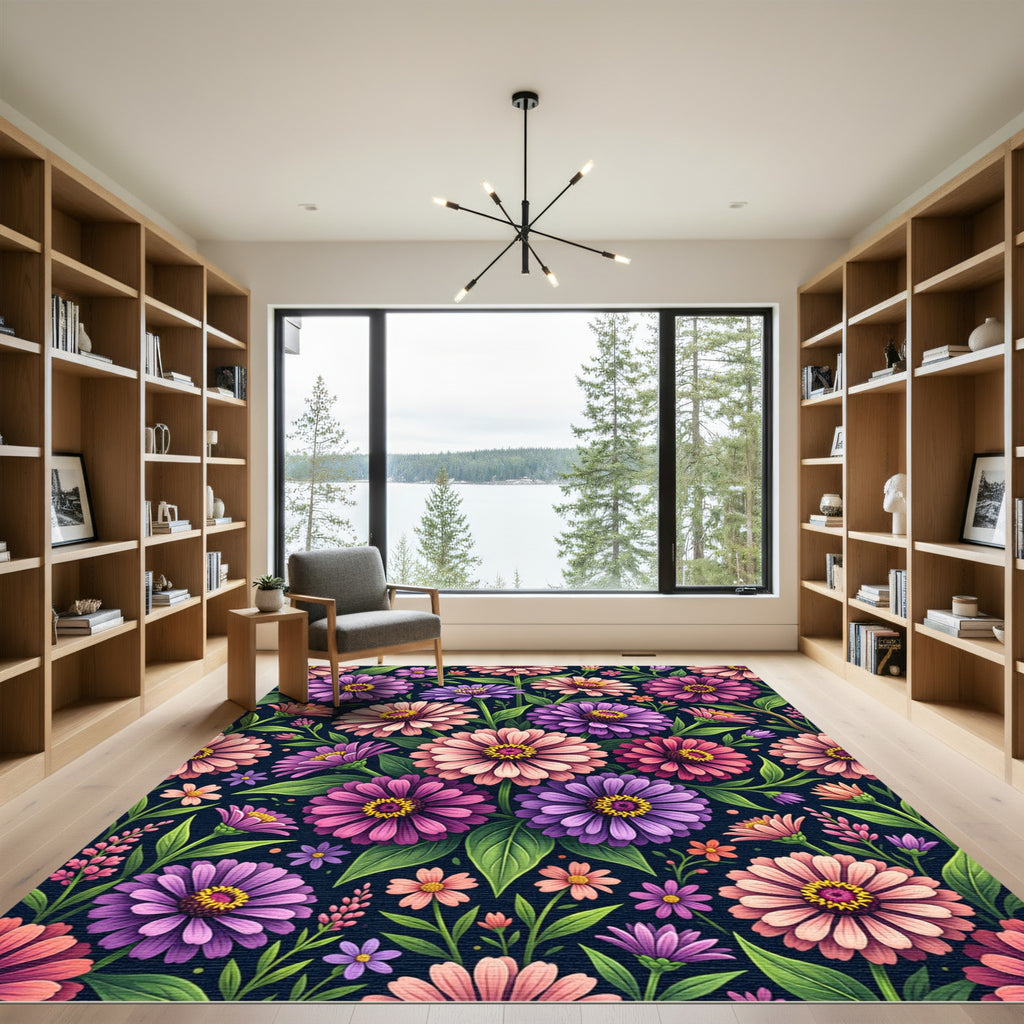 Vibrant Pink and Purple Zinnia Bouquet Rug