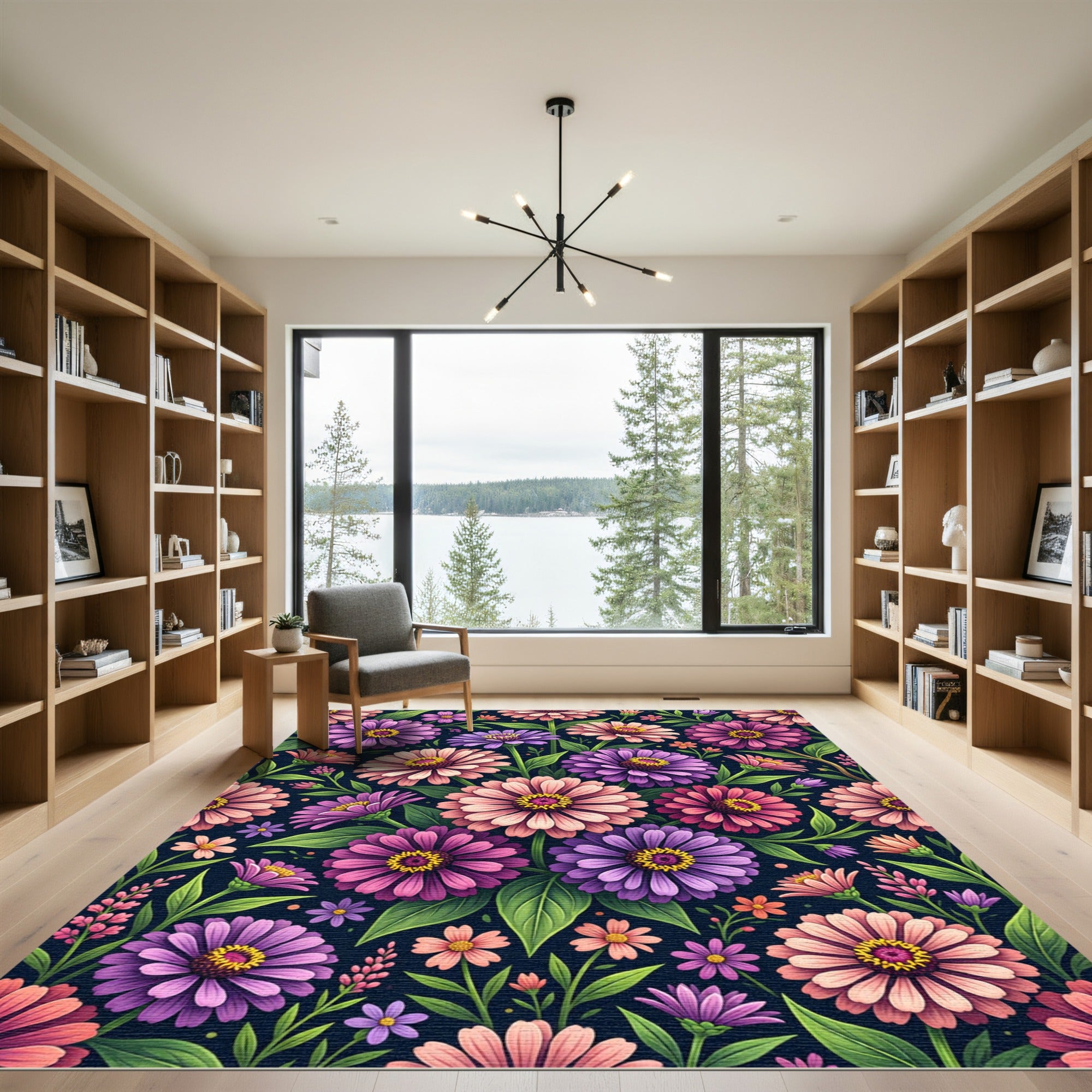 Vibrant Pink and Purple Zinnia Bouquet Rug