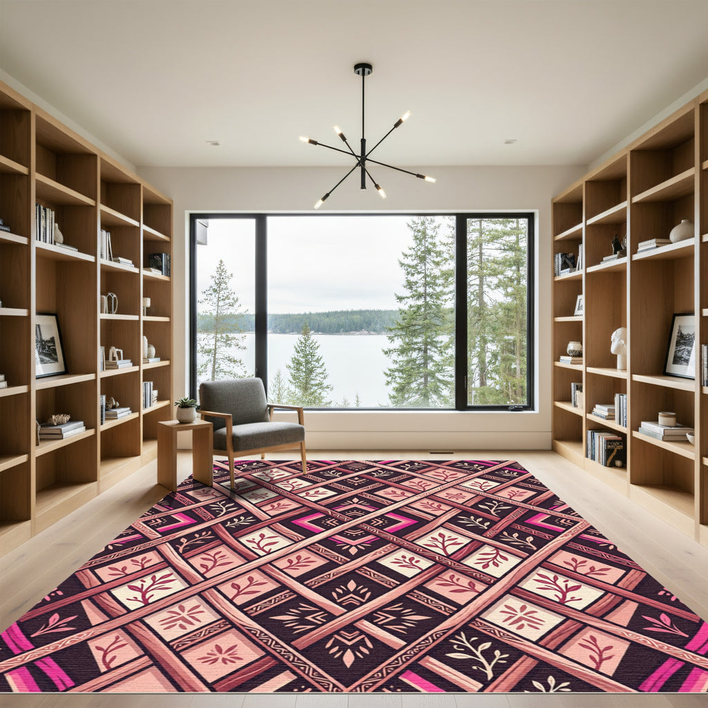 Warm Burgundy Boho Lattice Leaf Trellis Rug