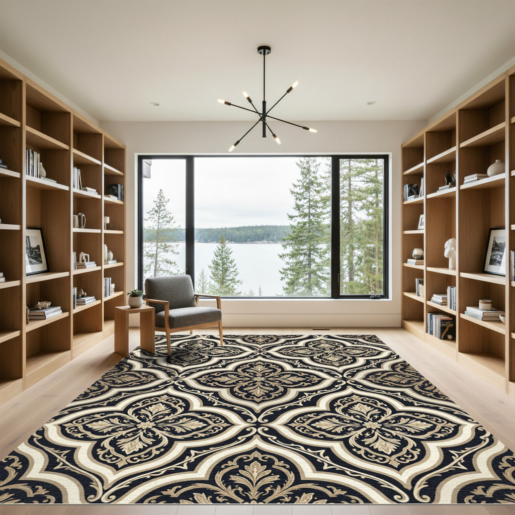 Elegant Black and Gold Damask Trellis Rug