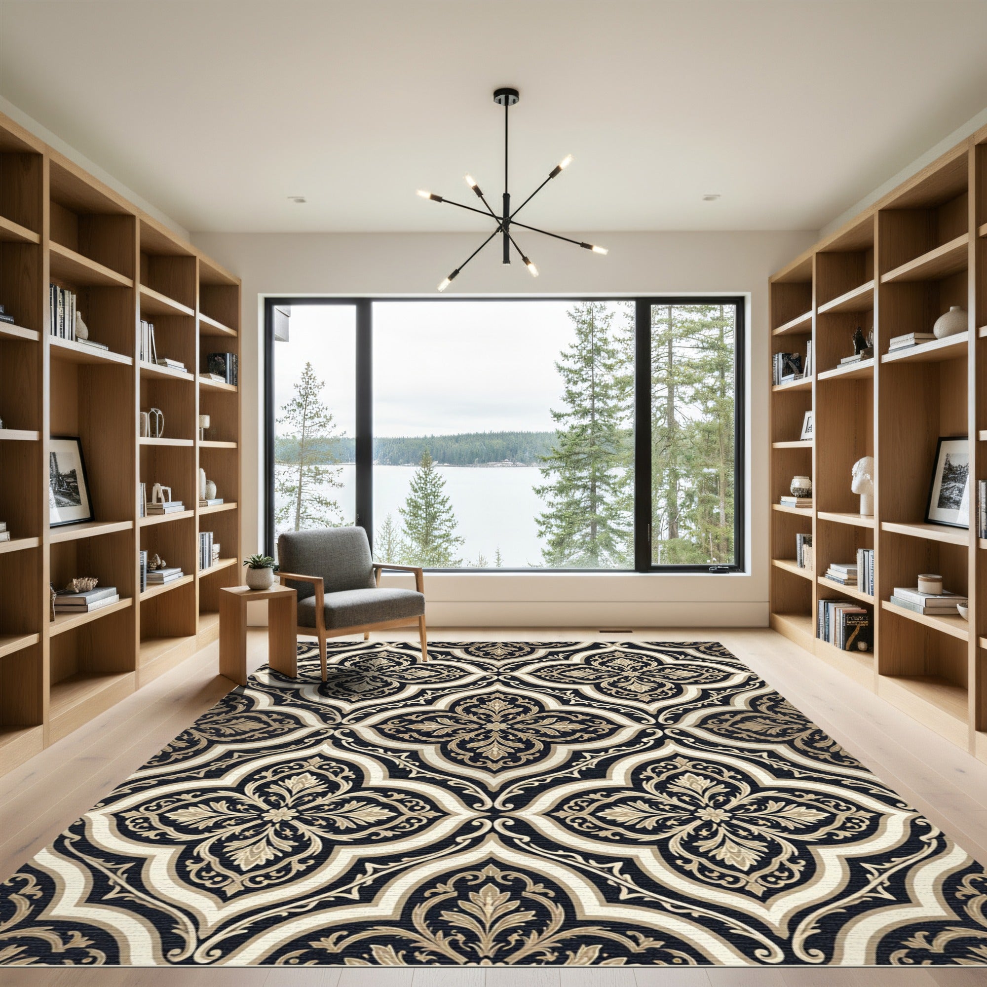 Elegant Black and Gold Damask Trellis Rug