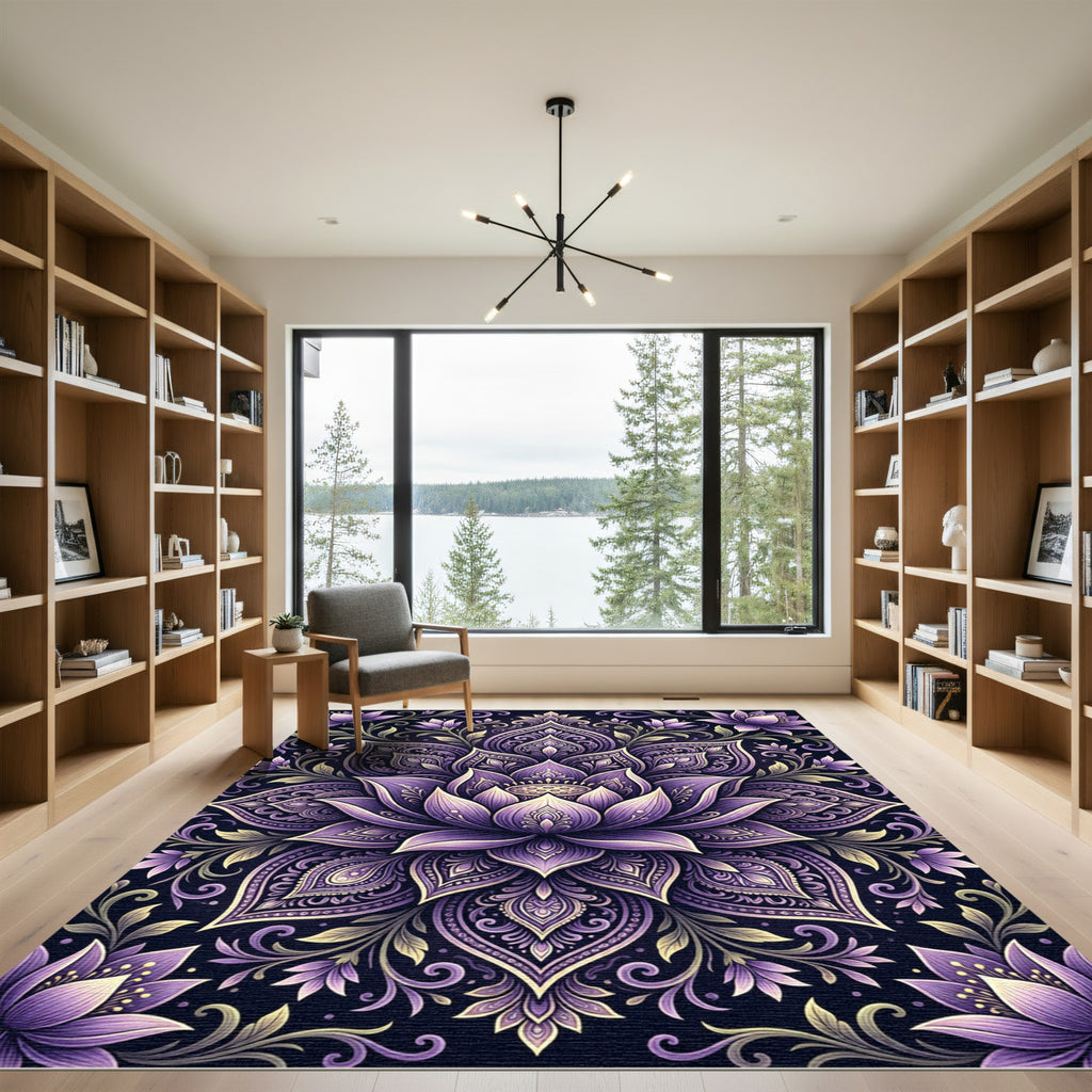 Purple Lotus Mandala with Vine Accents Rug