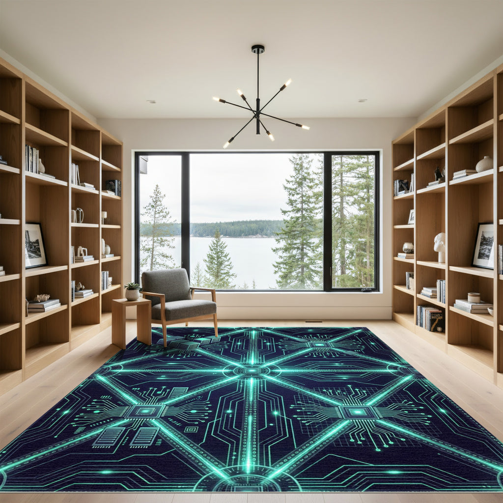 Neon Cyber Circuitry Grid Glowing Teal Rug