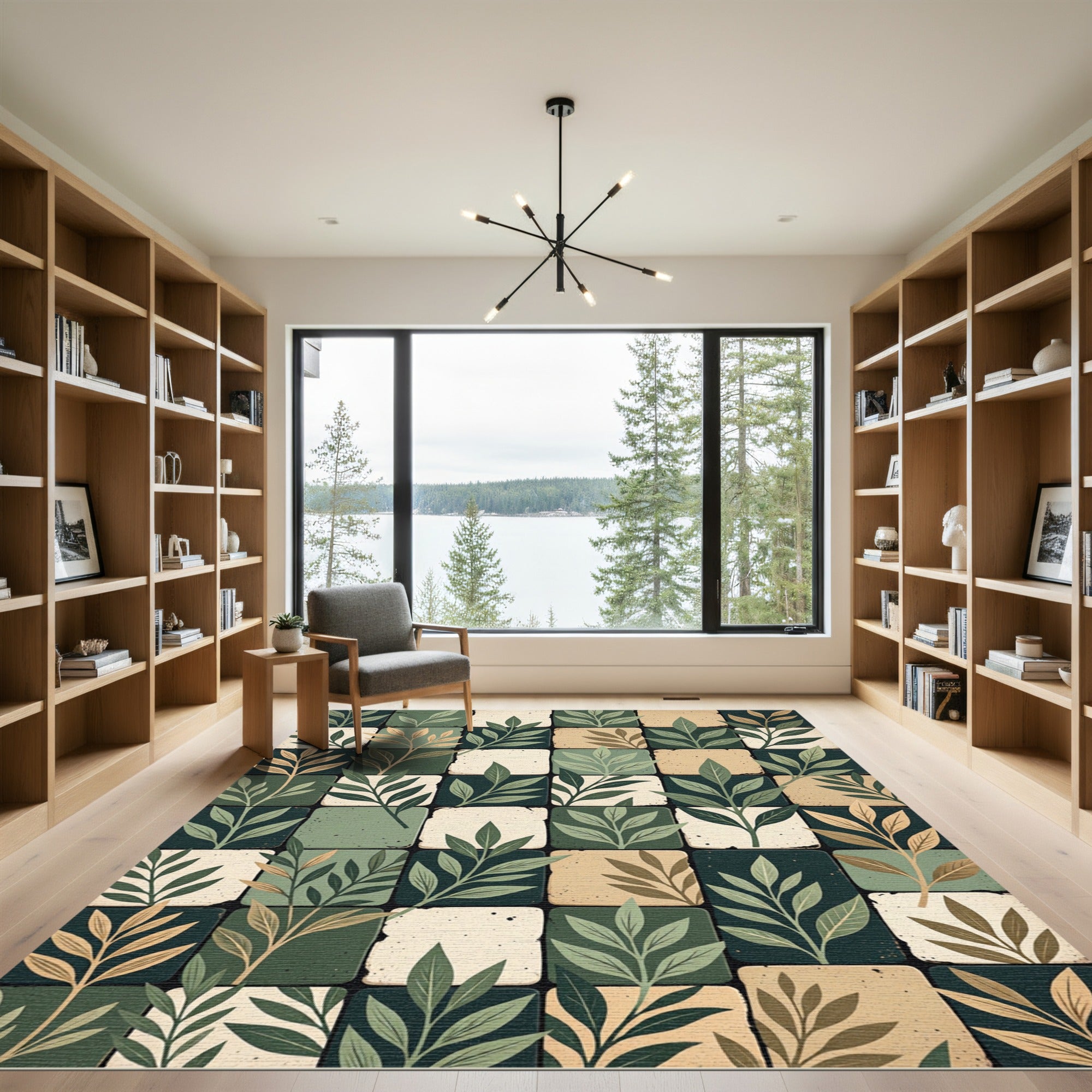 Green Leafy Branches Square Tile Rug