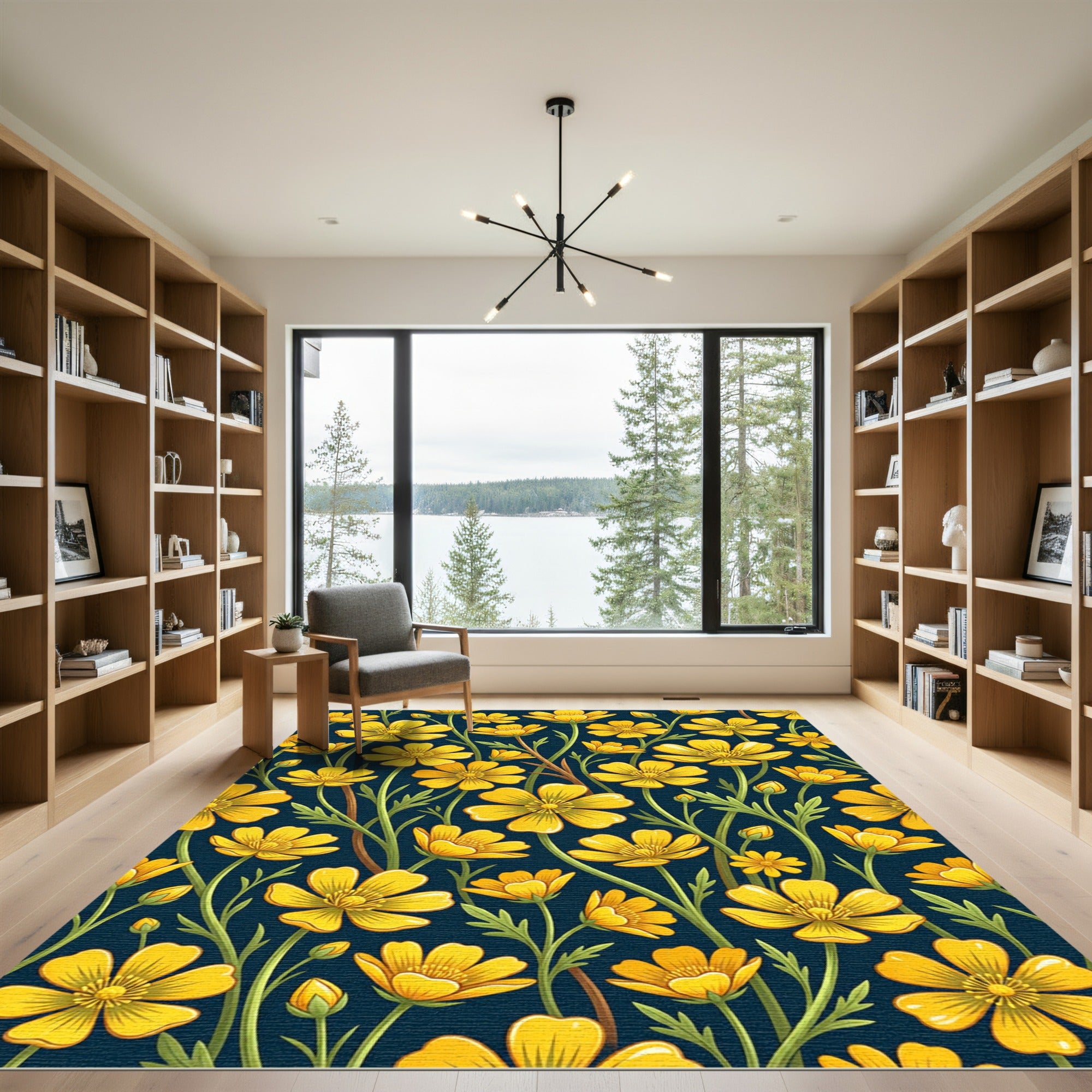 Golden Buttercup Botanical Midnight Floral Rug
